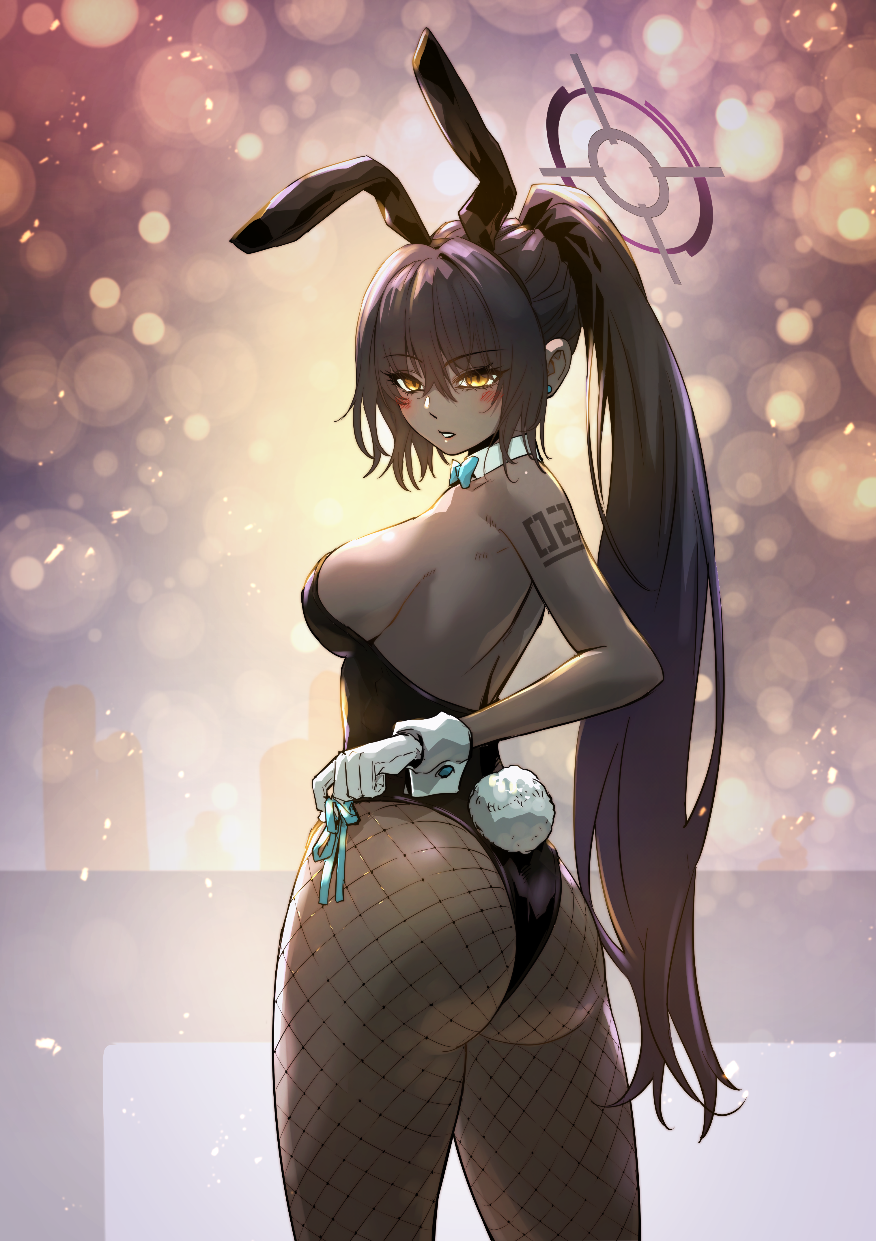 karin (blue archive), karin (bunny) (blue archive), blue archive, absurdres, commentary, highres, 1girl, animal ears, ass, bare shoulders, black hair, black leotard, blue bow, blue bowtie, blush, bow, bowtie, breasts, cowboy shot, dark-skinned female, dark skin, detached collar, diagram (purpleicegram), fishnet pantyhose, fishnets, from behind, from side, gloves, hair between eyes, halo, high ponytail, large breasts, leotard, light particles, long hair, looking at viewer, looking back, official alternate costume, pantyhose, parted lips, playboy bunny, ponytail, rabbit ears, rabbit tail, shoulder tattoo, sideboob, solo, tail, tattoo, very long hair, white gloves, wrist cuffs, yellow eyes