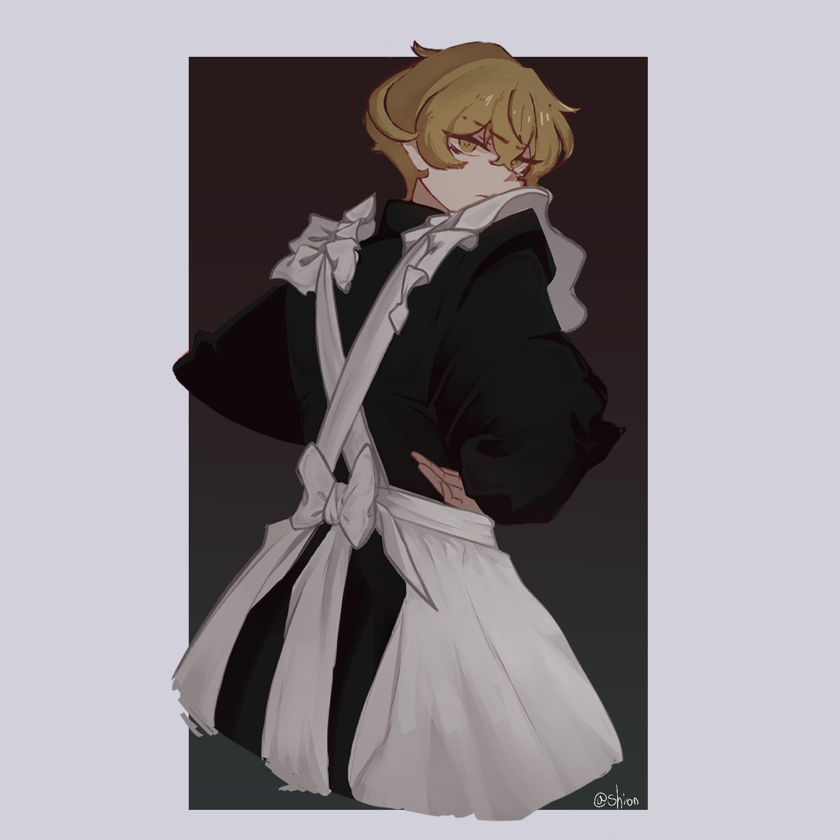 sinclair (project moon), limbus company, project moon, highres, 1boy, alternate costume, apron, blonde hair, closed mouth, cowboy shot, dress, enmaided, expressionless, from behind, hair between eyes, hand on own hip, long sleeves, looking at viewer, maid, maid apron, male focus, short hair, simple background, skirt, smile, solo, standing, white apron, wide sleeves, yellow eyes, yrgm wo