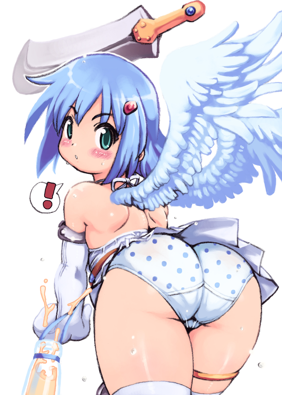 yu 3, angel of light nanael, nanael (queen's blade), queen's blade, highres, !, 00s, 1girl, angel, angel wings, ass, bare shoulders, blue hair, blush, female focus, gloves, green eyes, miniskirt, panties, polka dot, polka dot panties, short hair, skirt, solo, sword, thighhighs, underwear, weapon, wings