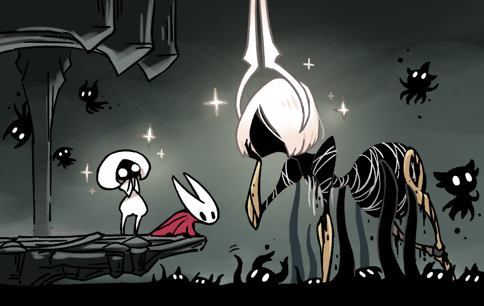 fuifui, hornet (hollow knight), lace (hollow knight), shade (hollow knight), hollow knight, hollow knight: silksong, commentary request, 3girls, 6+others, arthropod girl, black skin, cloak, colored skin, darkness, floating, grand mother silk (hollow knight), hand on own cheek, hand on own face, hollow eyes, horned mask, horns, mask, motion lines, multiple girls, multiple others, red cloak, sibling (hollow knight), sparkle, tendril, thread, waving, white eyes, white hair, white mask