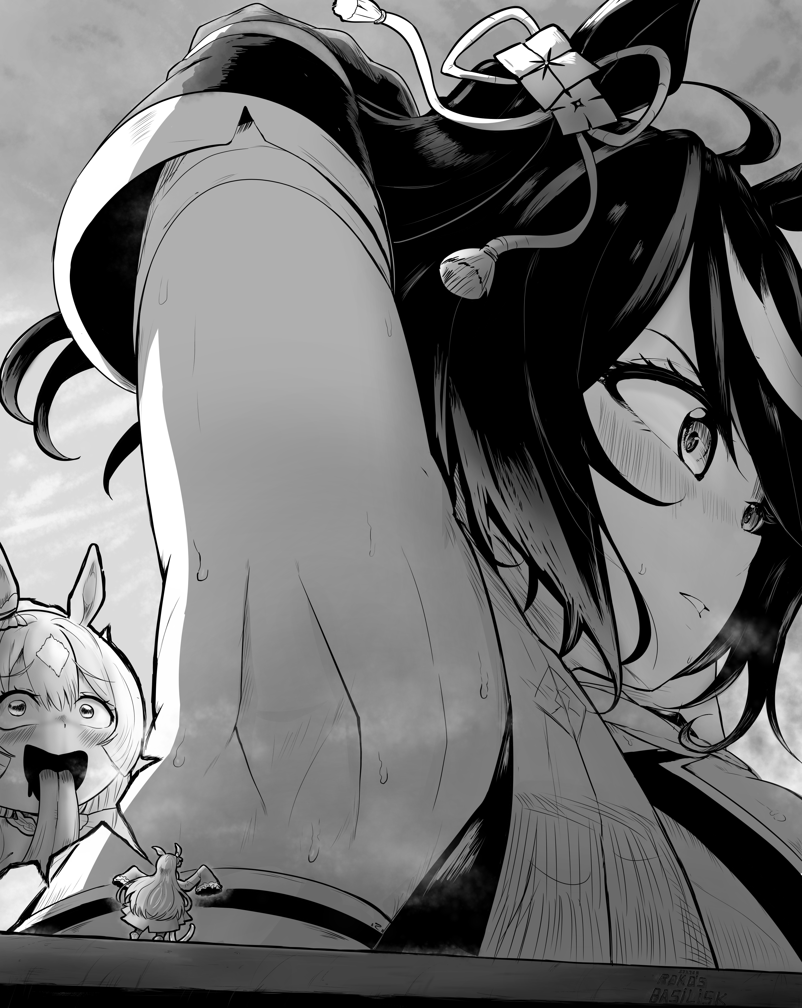 kitasan black (crowning ooban) (umamusume), kitasan black (umamusume), satono diamond (natural brilliance) (umamusume), satono diamond (umamusume), umamusume, absurdres, commentary, english commentary, highres, 2girls, :d, :p, animal ears, armpits, arms up, bigigts, blush, breasts, curtained hair, detached sleeves, dress, drooling, full body, giant, giantess, greyscale, hair between eyes, hair ornament, horse ears, horse girl, large breasts, long hair, long sleeves, looking ahead, looking at another, looking up, medium hair, monochrome, mouth drool, multicolored hair, multiple girls, open mouth, sleeves past fingers, sleeves past wrists, smile, speech bubble, streaked hair, sweat, tassel, tassel hair ornament, tongue, tongue out, two-tone hair, very sweaty, wide sleeves