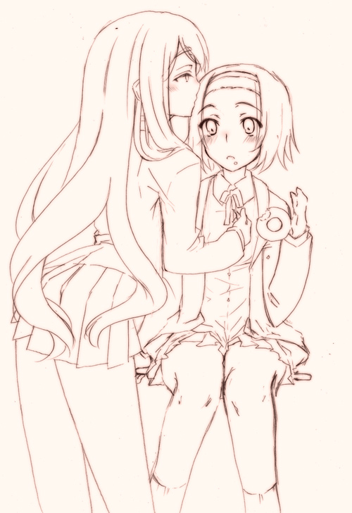 onodera, kotobuki tsumugi, tainaka ritsu, k-on!, 00s, 2girls, blush, donut, food, kiss, monochrome, multiple girls, pink background, pink theme, school uniform, tomboy, yuri