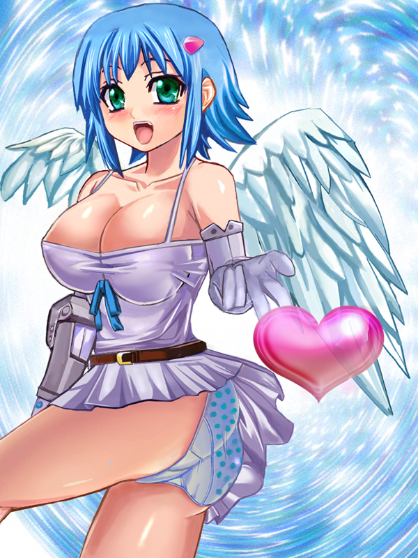alec, angel of light nanael, nanael (queen's blade), queen's blade, bad id, bad pixiv id, 00s, 1girl, angel, angel wings, artistic error, ass, asymmetrical wings, bare shoulders, blue hair, breasts, elbow gloves, female focus, gloves, green eyes, heart, large breasts, miniskirt, open mouth, panties, polka dot, polka dot panties, short hair, skirt, solo, underwear, wings