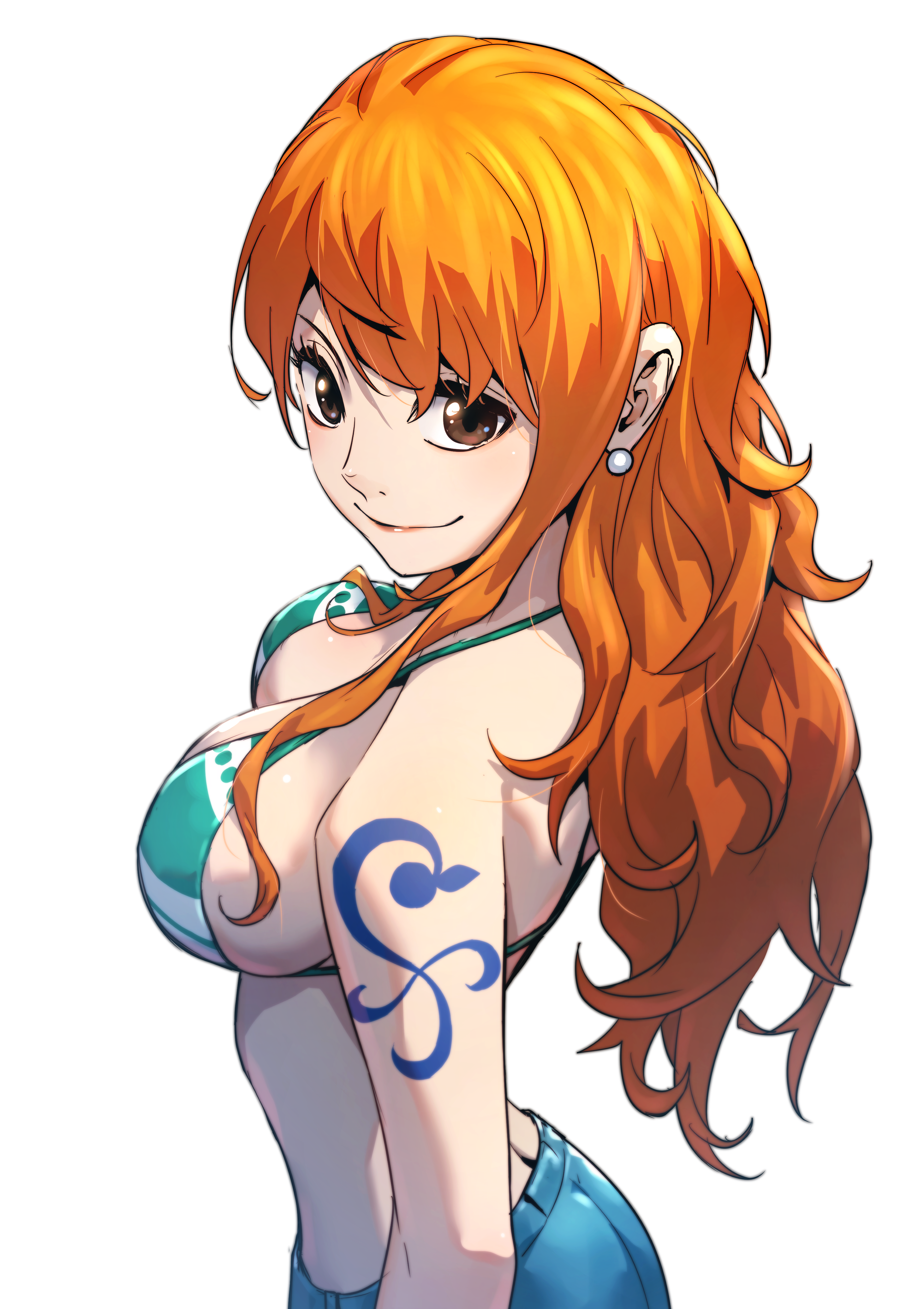 nami (one piece), one piece, absurdres, commentary, highres, 1girl, bare shoulders, bikini, bikini top only, blue pants, breasts, brown eyes, cleavage, closed mouth, denim, diagram (purpleicegram), earrings, from side, green bikini, halterneck, jeans, jewelry, large breasts, long hair, looking at viewer, looking to the side, orange hair, pants, pearl earrings, pink lips, shoulder tattoo, sidelocks, smile, solo, swimsuit, tattoo, upper body, wavy hair, white background
