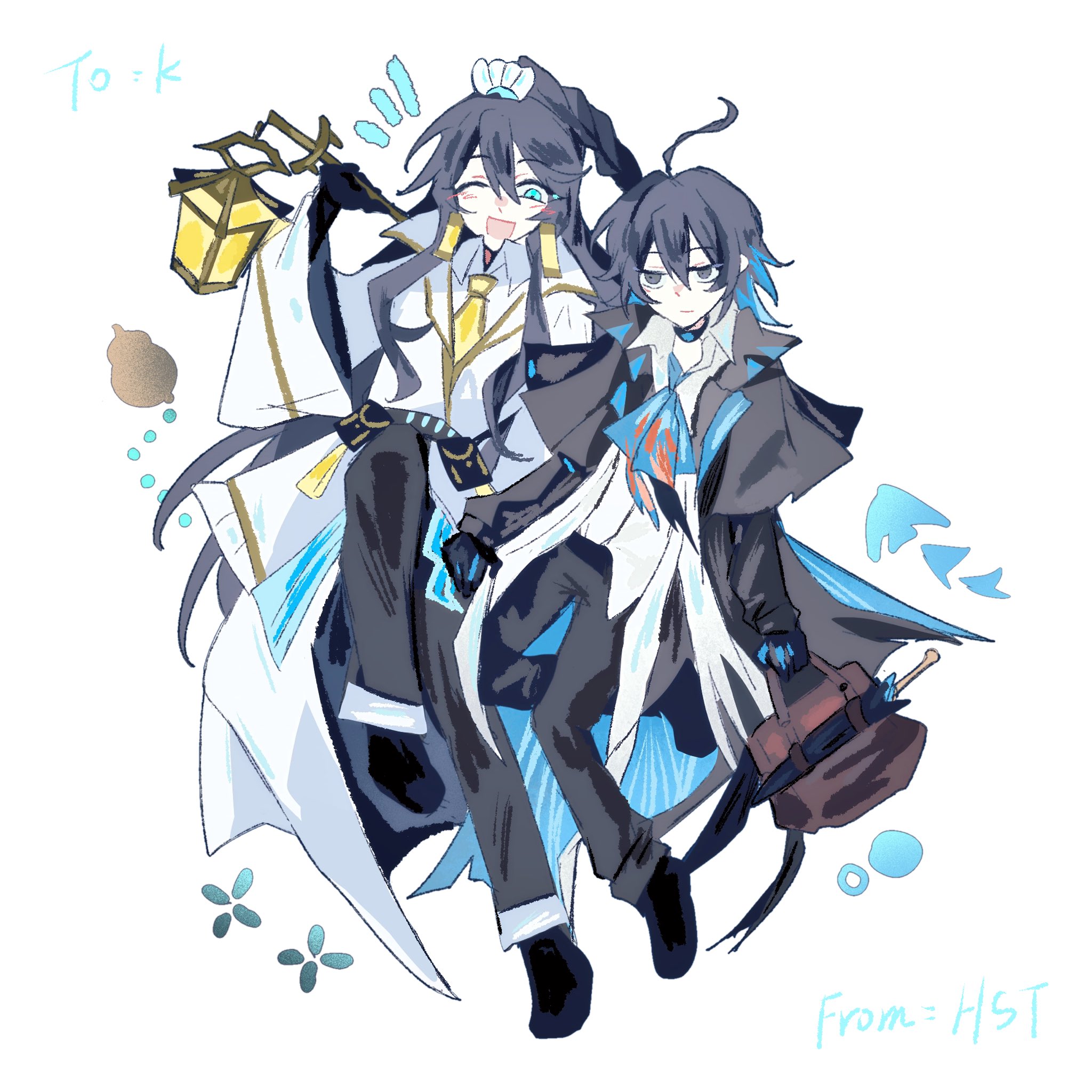 hong lu (project moon), ling (arknights), lumen (arknights), yi sang (project moon), arknights, limbus company, project moon, highres, 2boys, ahoge, akiyamatian, alternate costume, ascot, bag, black choker, black gloves, black hair, black pants, blue ascot, blue eyes, blush, choker, closed mouth, collared shirt, cosplay, full body, gloves, hair between eyes, holding, holding bag, lantern, ling (arknights) (cosplay), long hair, lumen (arknights) (cosplay), multiple boys, necktie, one eye closed, open mouth, pants, ponytail, shirt, short hair, simple background, white background, white shirt, yellow necktie