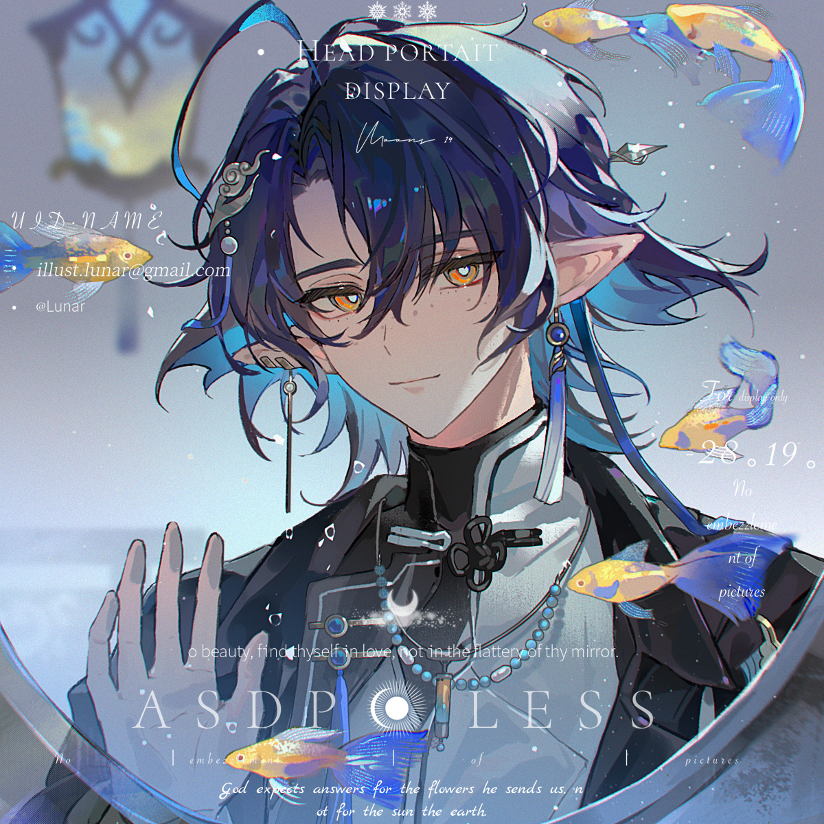 lunar (lunar 815), lumen (arknights), arknights, highres, 1boy, ahoge, alternate costume, bishounen, black hair, blue hair, chinese clothes, colored inner hair, earrings, english text, fish, gloves, gradient hair, hair between eyes, jewelry, looking at viewer, male focus, multicolored hair, pointy ears, smile, solo, tassel, tassel earrings, upper body, white gloves, yellow eyes