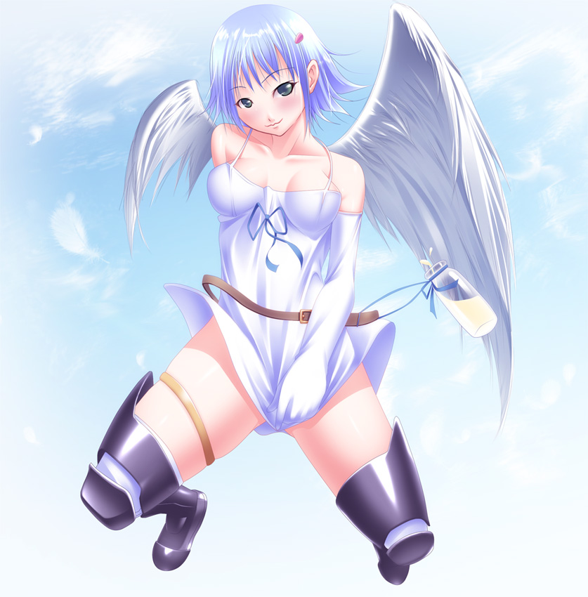 shokuyou mogura, angel of light nanael, nanael (queen's blade), queen's blade, bad id, bad pixiv id, 00s, 1girl, angel, angel wings, asymmetrical wings, bare shoulders, blue hair, blush, breasts, elbow gloves, female focus, gloves, green eyes, miniskirt, short hair, skirt, solo, thighhighs, wings