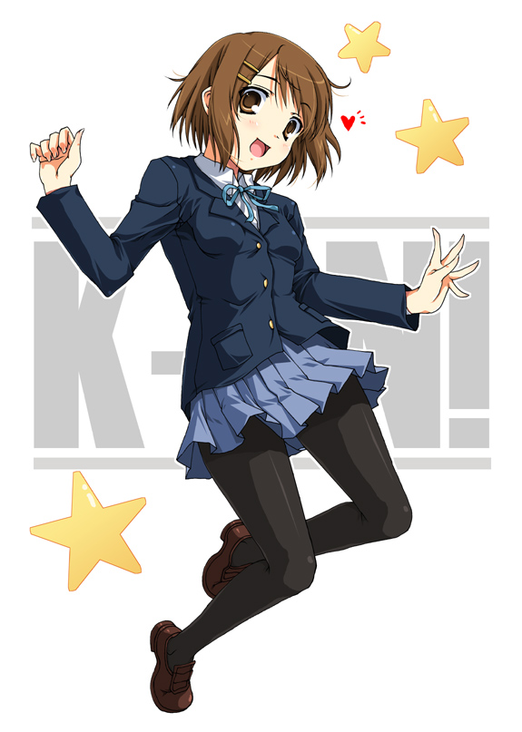 miyai sen, hirasawa yui, k-on!, 00s, 1girl, brown eyes, brown hair, female focus, full body, hair ornament, hairpin, pantyhose, school uniform, short hair, solo