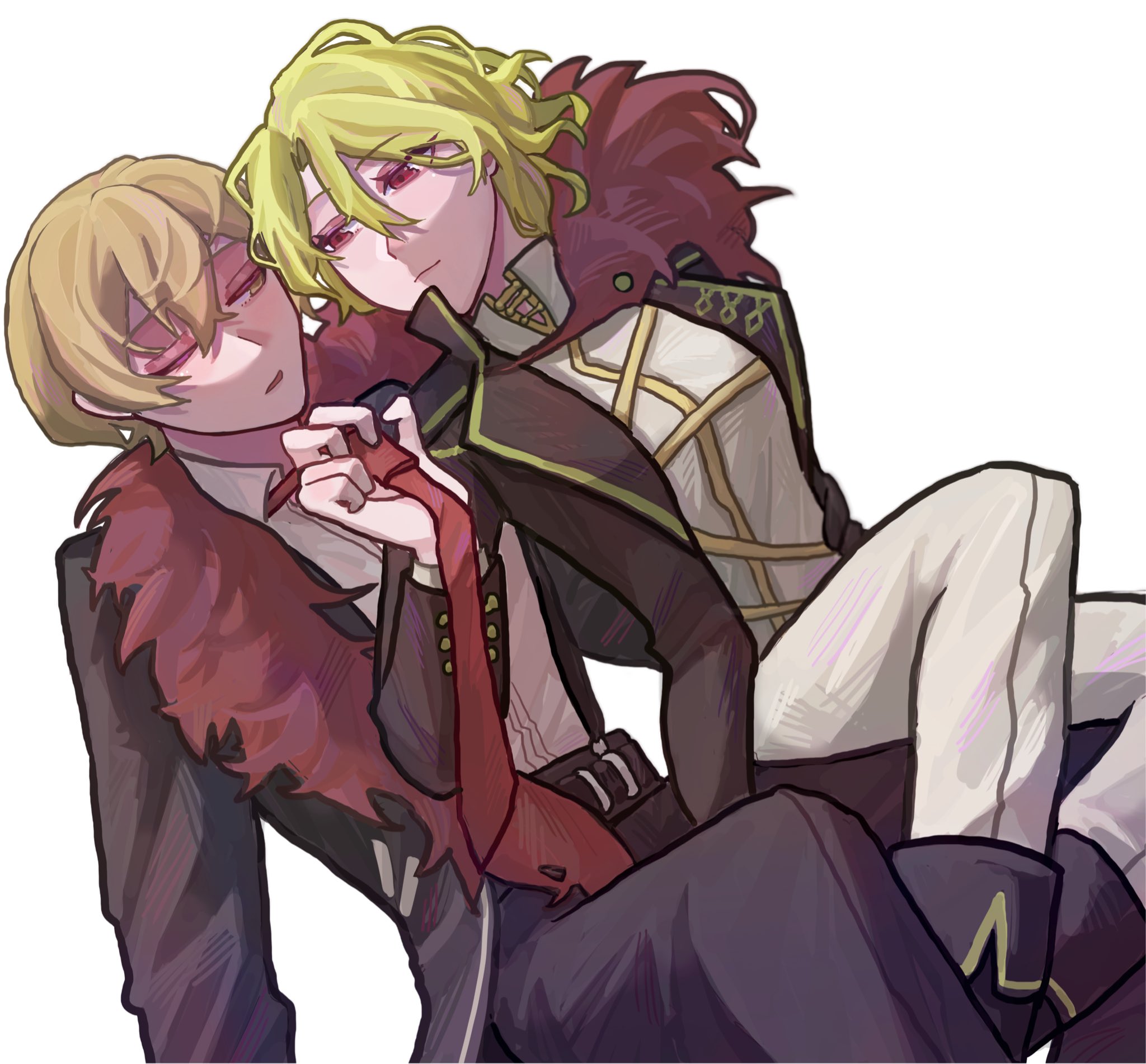 don quixote (project moon), sancho (project moon), sinclair (project moon), limbus company, project moon, highres, 1boy, 1girl, belt, black pants, black suit, blonde hair, closed mouth, clothes grab, collared shirt, couple, cowboy shot, dutch angle, formal clothes, fur trim, hetero, meng luoo, necktie, necktie grab, neckwear grab, open mouth, pants, parted lips, red eyes, red necktie, shirt, simple background, suit, white background, white shirt