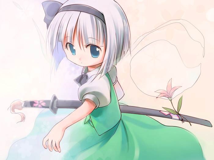 emurin, konpaku youmu, konpaku youmu (ghost), touhou, silver hair, 1girl, blue eyes, female focus, ghost, hairband, hitodama, katana, ribbon, short hair, solo, sword, weapon