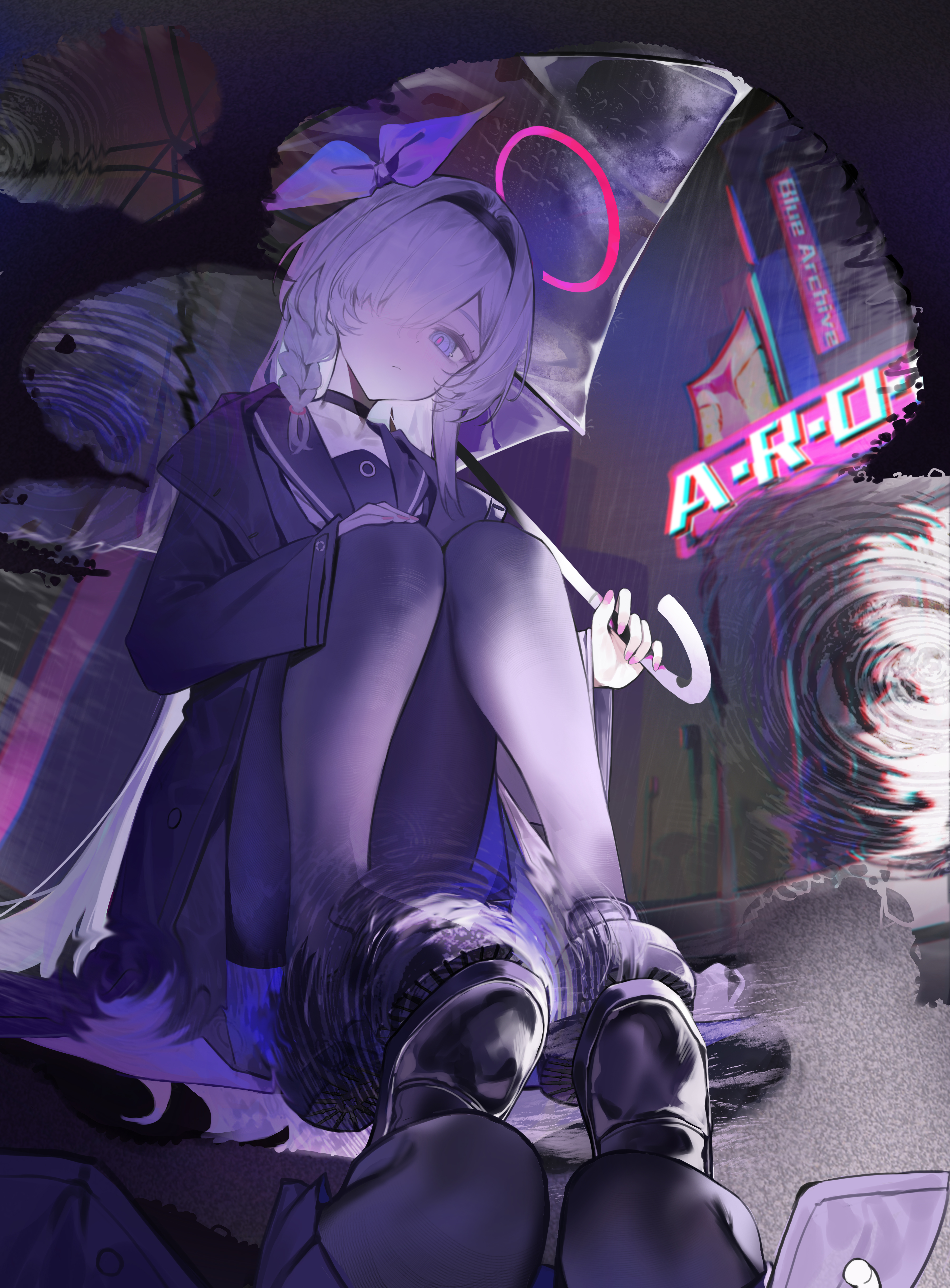 bai yao (user ygua7252), plana (blue archive), blue archive, absurdres, chinese commentary, commentary request, highres, 1girl, black choker, black coat, black hairband, black pantyhose, black sailor collar, black serafuku, black shirt, black shoes, black skirt, bow, braid, choker, closed mouth, coat, fingernails, full body, grey eyes, hair bow, hair over one eye, hairband, halo, holding, holding umbrella, loafers, long hair, long sleeves, looking at reflection, looking at viewer, nail polish, neckerchief, open clothes, open coat, outdoors, pantyhose, pink nails, puddle, purple bow, rain, red halo, red pupils, reflection, reflective water, sailor collar, school uniform, serafuku, shirt, shoes, single braid, sitting, skirt, solo, squatting, transparent, transparent umbrella, umbrella, white bow, white hair, white neckerchief, wide sleeves