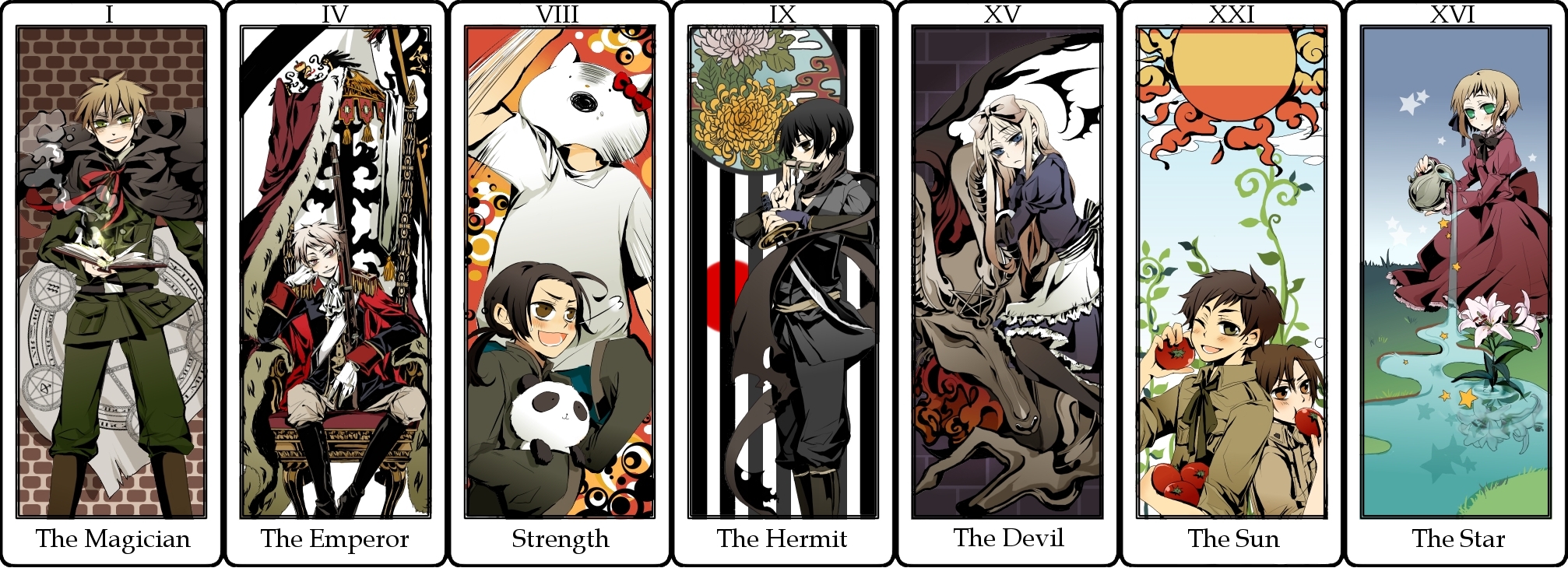 ajio78, asturiki jiwo, belarus (hetalia), china (hetalia), japan (hetalia), liechtenstein (hetalia), prussia (hetalia), shinatty-chan, southern italy (hetalia), spain (hetalia), united kingdom (hetalia), axis powers hetalia, bad id, bad pixiv id, highres, long image, wide image, 00s, 2girls, 6+boys, antique firearm, card (medium), dress, firearm, firelock, flintlock, gun, lingerie, multiple boys, multiple girls, panda, petticoat, rifle, strength (tarot), tarot, tarot (medium), the devil (tarot), the emperor (tarot), the hermit (tarot), the magician (tarot), the star (tarot), the sun (tarot), underwear, weapon