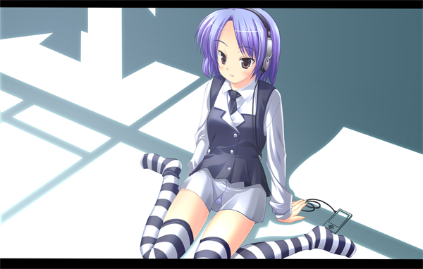 kiryuu masumi, original, digital media player, headphones, letterboxed, necktie, purple hair, skirt, solo, striped clothes, striped thighhighs, thighhighs