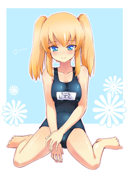 homura subaru, original, duplicate, barefoot, blonde hair, blue eyes, blush, feet, one-piece swimsuit, school swimsuit, sitting, smile, solo, swimsuit, twintails