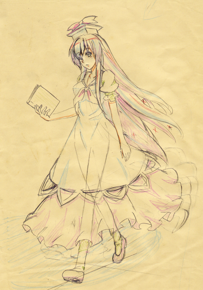 h-new, kamishirasawa keine, touhou, traditional media, 1girl, book, dress, female focus, hat, long hair, see-through clothes, sketch, solo, walking