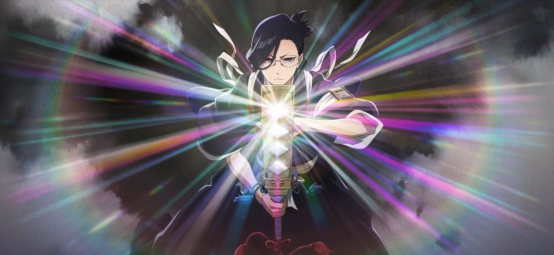 ise nanao, bleach, bleach: brave souls, bleach: sennen kessen-hen, official art, 1girl, badge, black hair, female focus, fukutaichou badge, glasses, glowing, glowing sword, glowing weapon, grey eyes, hakama, japanese clothes, kimono, medium hair, sash, shihakusho, smoke, sword, weapon