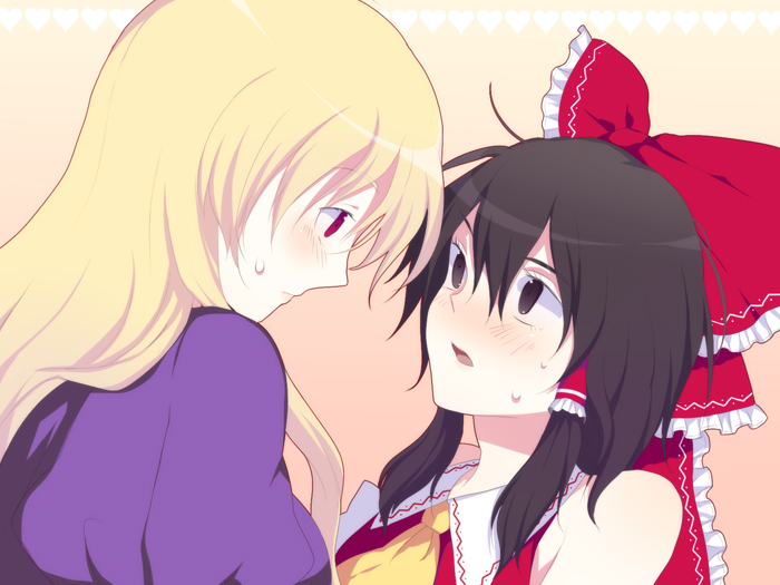 harano, hakurei reimu, yakumo yukari, touhou, 2girls, black eyes, black hair, blonde hair, blush, bow, eye contact, female focus, frilled bow, frilled hair tubes, frills, hair bow, hair tubes, looking at another, multiple girls, no headwear, pink eyes, red bow, yuri
