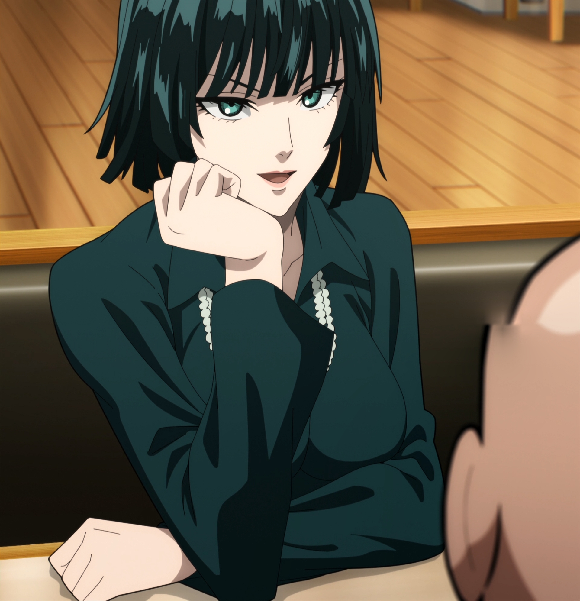 fubuki (one-punch man), saitama (one-punch man), one-punch man, stitched, third-party edit, 1boy, 1girl, black hair, breasts, collarbone, dress, green dress, green eyes, jewelry, large breasts, necklace, solo