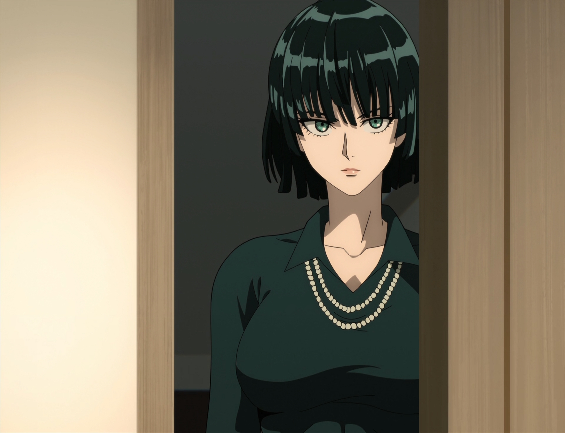 fubuki (one-punch man), one-punch man, stitched, third-party edit, 1girl, black hair, breasts, collarbone, dress, green dress, green eyes, jewelry, large breasts, necklace, solo