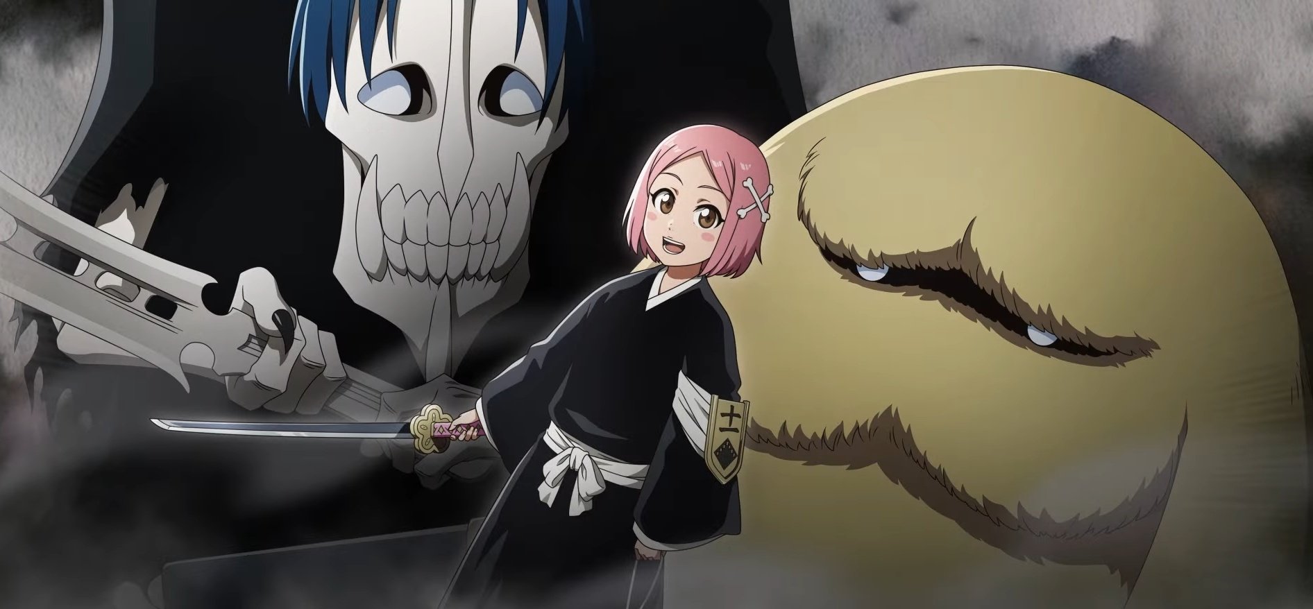kusajishi yachiru, bleach, bleach: brave souls, bleach: sennen kessen-hen, official art, second-party source, badge, bone hair ornament, brown eyes, creature, fukutaichou badge, hair ornament, holding, holding sword, holding weapon, japanese clothes, medium hair, open mouth, pink hair, shihakusho, shikai, smoke, standing, sword, weapon, zanpakutou