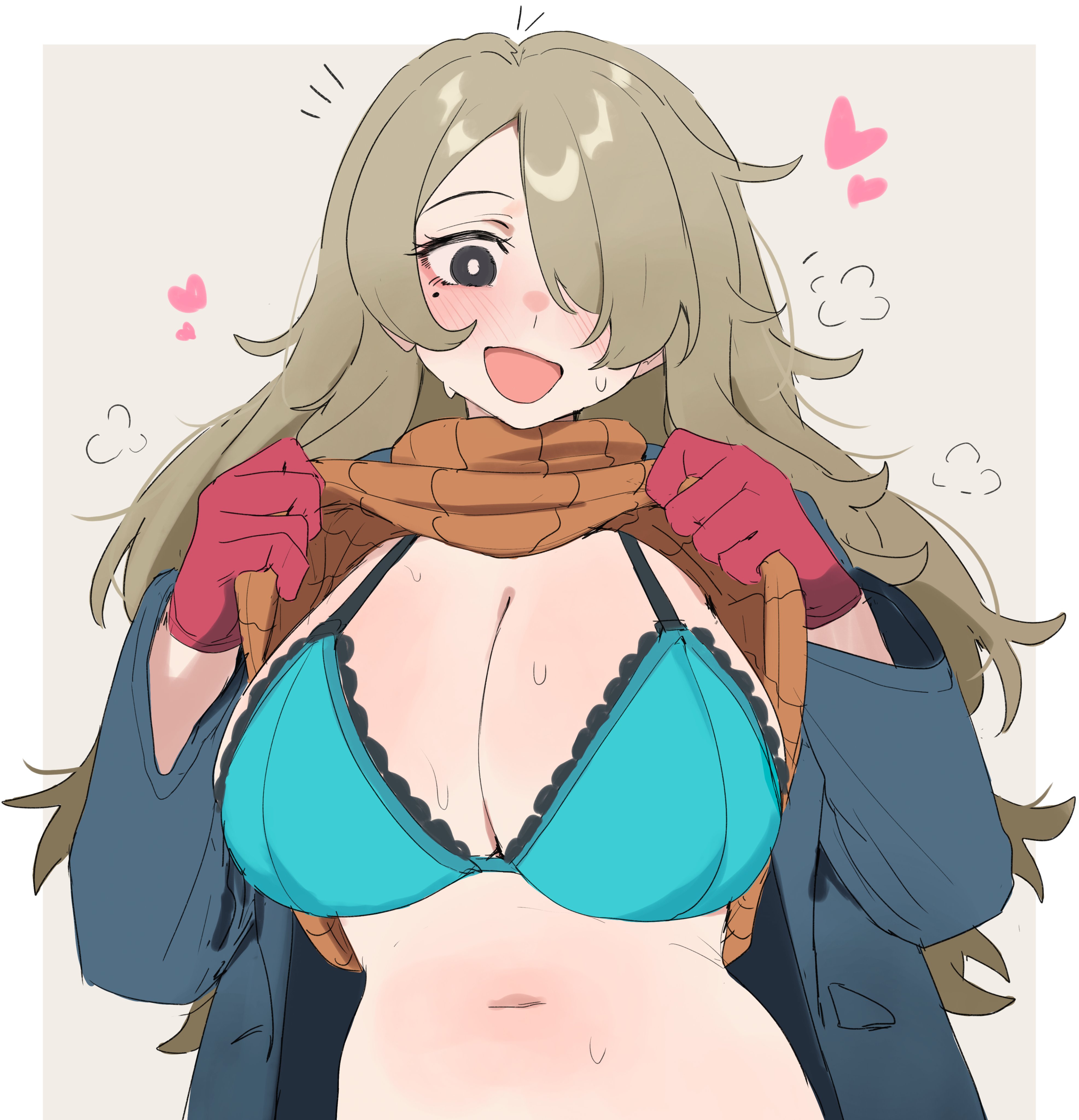 stella (murgoten), absurdres, highres, 1girl, blonde hair, bra, lifting own clothes, mole, mole under eye, underwear