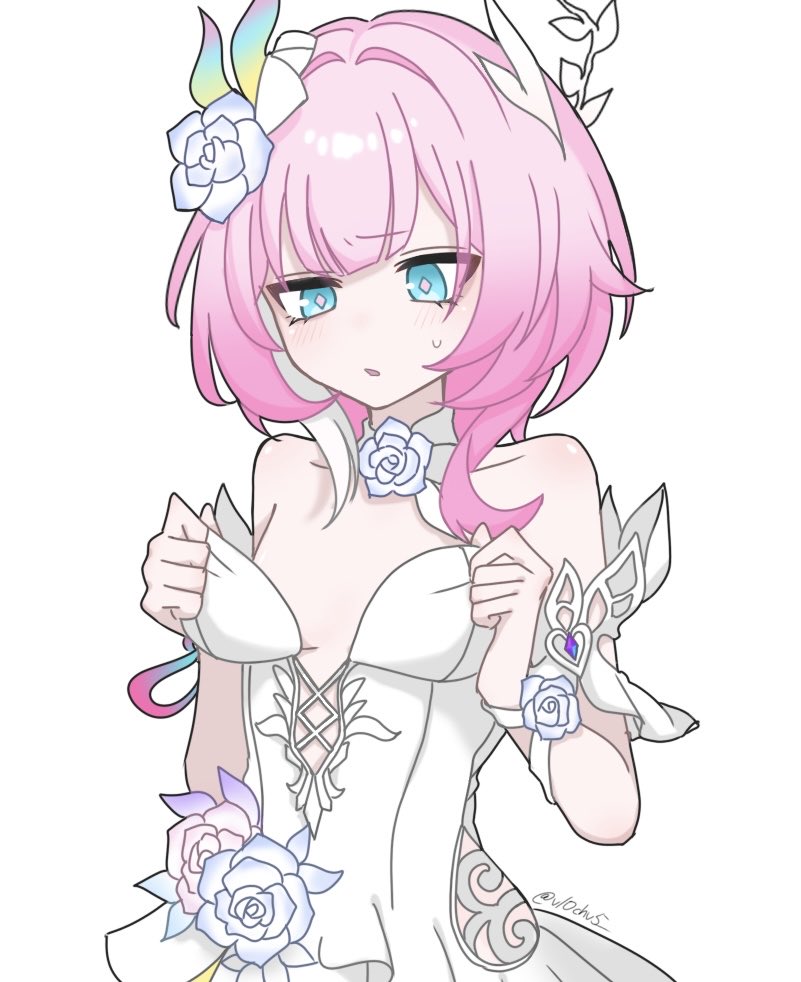 cyrene (honkai: star rail), cyrene (ripples of past reverie) (honkai: star rail), honkai: star rail, honkai (series), hashtag-only commentary, 1girl, bare shoulders, blue eyes, breasts, cyrene (aedes elysiae) (honkai: star rail), dress, flower, hair flower, hair ornament, multicolored hair, parted lips, pink hair, self cosplay, short hair, simple background, small breasts, solo, twitter username, two-tone hair, v10chv5, white background, white dress, white hair