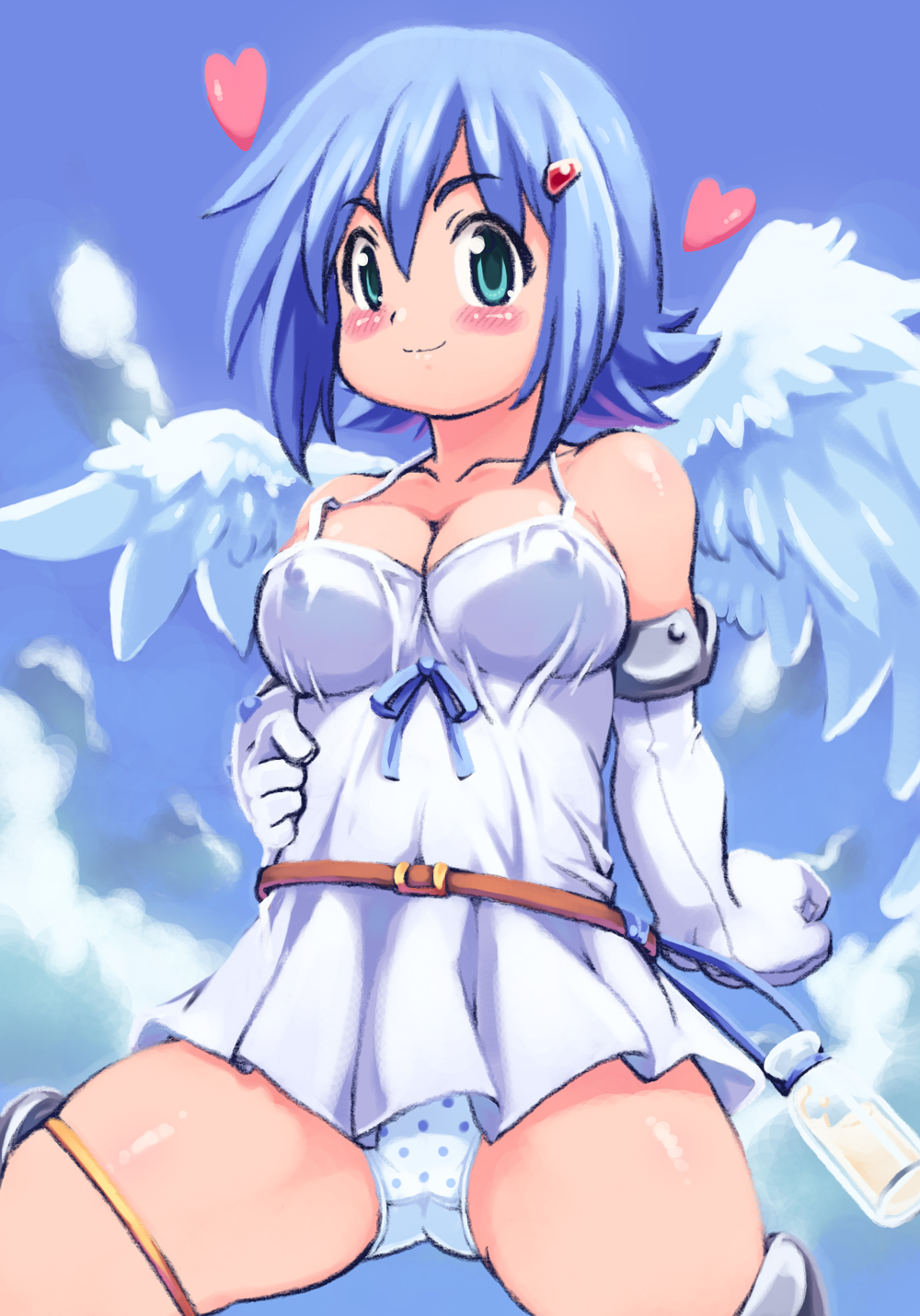 yu 3, angel of light nanael, nanael (queen's blade), queen's blade, highres, 00s, 1girl, angel, angel wings, asymmetrical wings, bare shoulders, blue hair, blush, breasts, cleavage, covered erect nipples, elbow gloves, female focus, gloves, green eyes, heart, large breasts, miniskirt, panties, polka dot, polka dot panties, skirt, solo, underwear, wings