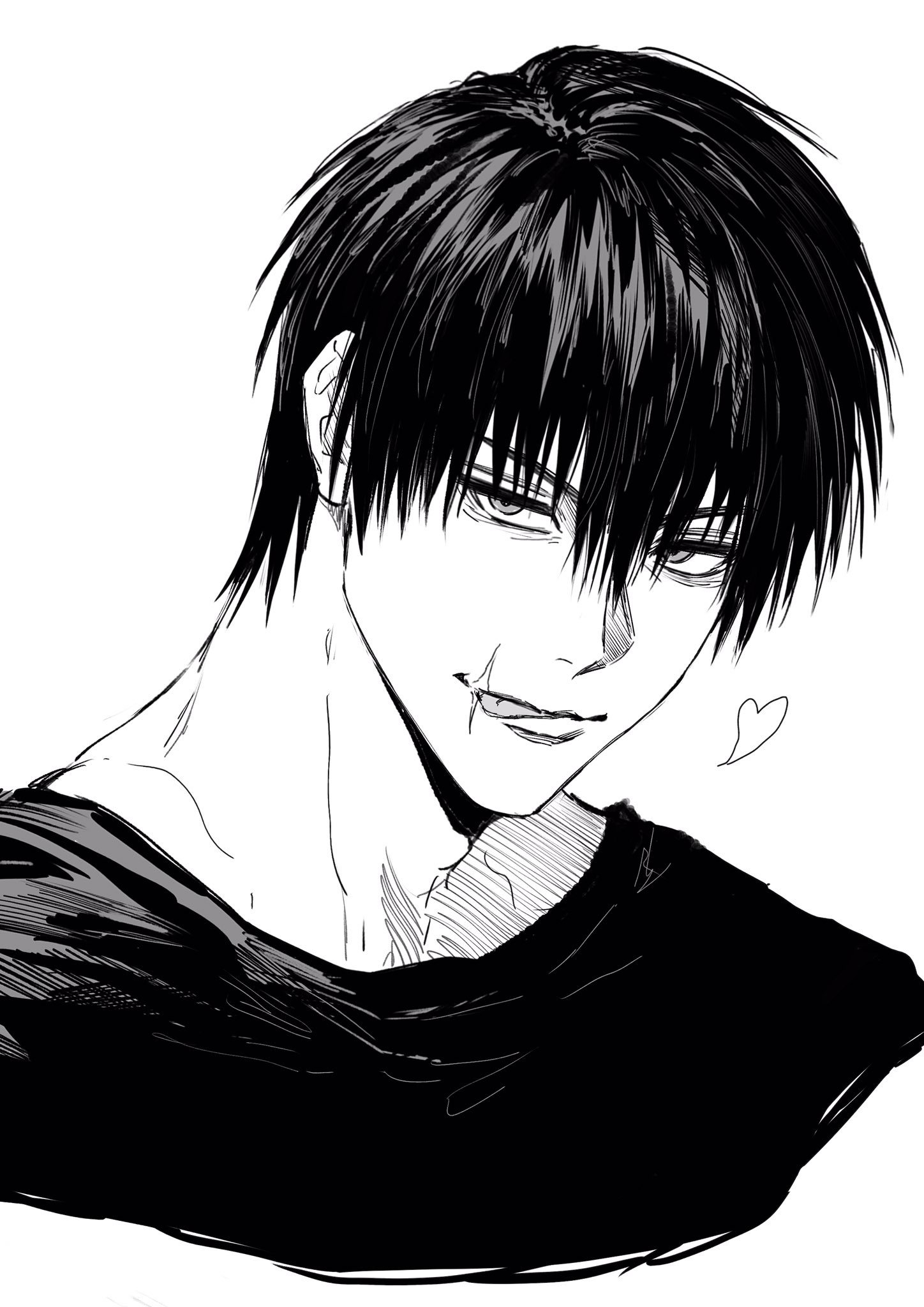 sso s, fushiguro touji, jujutsu kaisen, highres, 1boy, cropped torso, heart, looking at viewer, male focus, scar, scar on face, scar on lip, scar on mouth, shirt, short hair, simple background, solo, tongue, tongue out, white background