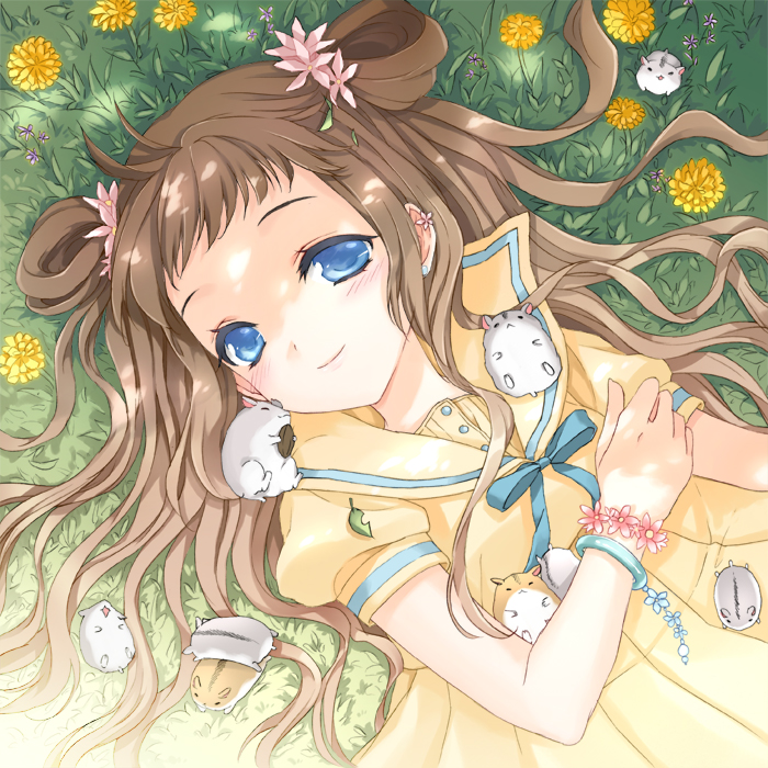 cuteg, original, bad id, bad pixiv id, 1girl, animal, blue eyes, brown hair, eating, female focus, flower, hamster, lying, ribbon, solo