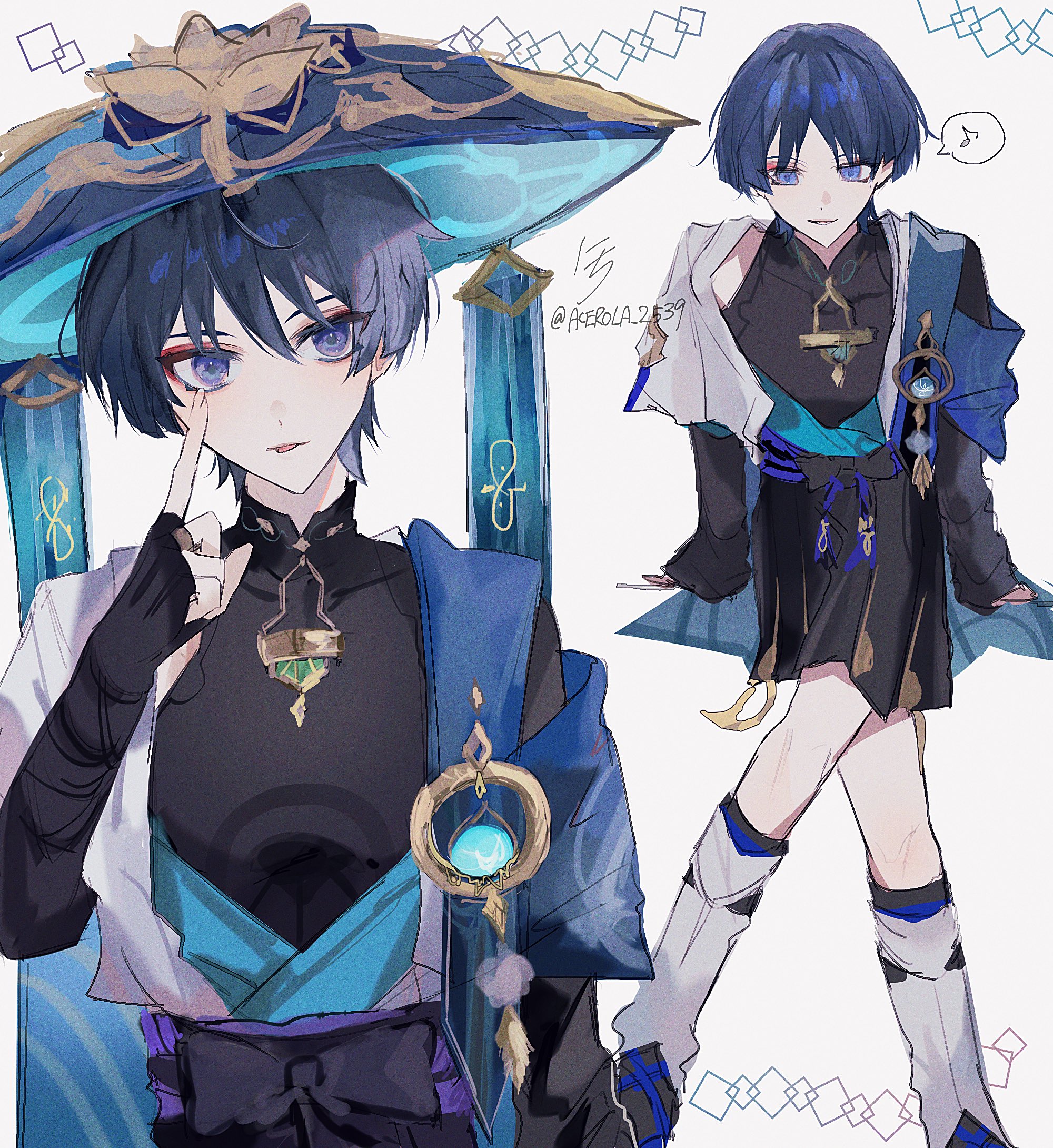 scaramouche (genshin impact), wanderer (genshin impact), genshin impact, highres, 1boy, acerola 2539, bishounen, black bodysuit, black gloves, bodysuit, closed mouth, cowboy shot, fingerless gloves, full body, gloves, hat, japanese clothes, long sleeves, looking at viewer, male focus, musical note, purple eyes, short hair, simple background, sleeveless, solo, spoken musical note, tassel, tongue, tongue out, vision (genshin impact), white background