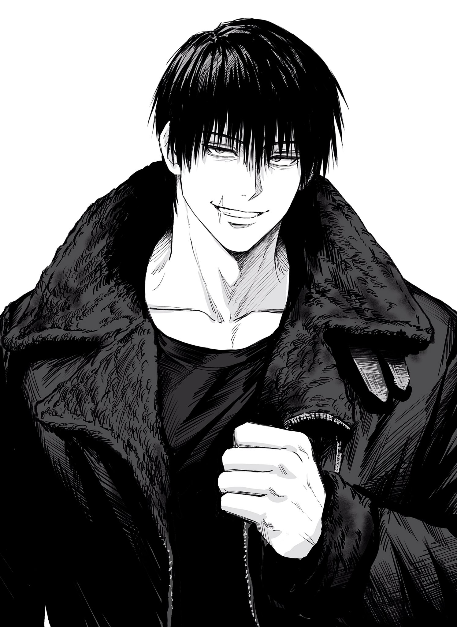 sso s, fushiguro touji, jujutsu kaisen, highres, 1boy, collarbone, hair between eyes, jacket, looking at viewer, male focus, scar, scar on face, scar on mouth, shirt, short hair, simple background, smile, solo, teeth, upper body, white background