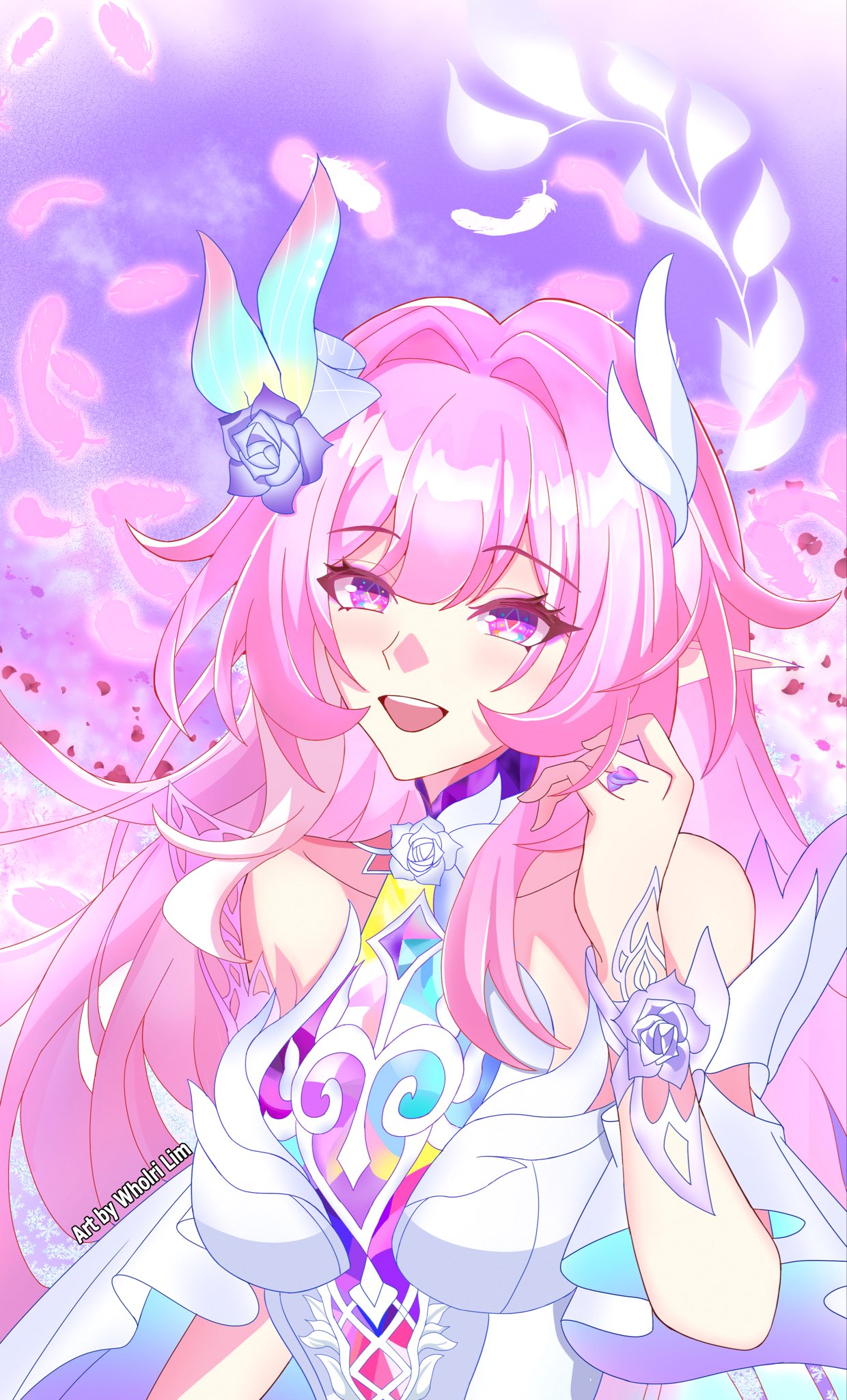 cyrene (honkai: star rail), cyrene (ripples of past reverie) (honkai: star rail), honkai: star rail, honkai (series), commentary, highres, 1girl, artist name, bare shoulders, breasts, diamond-shaped pupils, diamond (shape), falling petals, flower, hair flower, hair intakes, hair ornament, halo, large breasts, long hair, open mouth, petals, pink hair, pointy ears, purple eyes, purple sky, sky, smile, solo, symbol-shaped pupils, upper body, very long hair, wholri lim