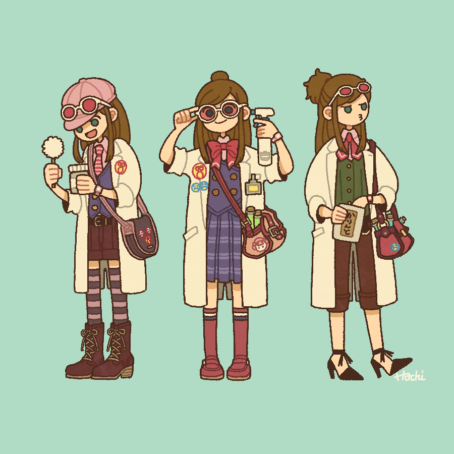 hachichi ii, ace attorney, character request, commentary request, 1girl, aqua background, artist name, bag, blue skirt, blue vest, boots, bottle, brown boots, brown hair, brown pants, buttons, closed mouth, collared shirt, eyewear on head, eyewear on headwear, flat color, green eyes, green vest, hair bun, handbag, hat, high heels, holding, holding bottle, jacket, long hair, multiple views, necktie, o3o, open clothes, open jacket, open mouth, pants, pink-tinted eyewear, pink hat, pink shirt, red shoes, red socks, round eyewear, shirt, shoelaces, shoes, sidelocks, simple background, single hair bun, skirt, smile, socks, solid circle eyes, spray bottle, striped clothes, striped necktie, striped thighhighs, thighhighs, tinted eyewear, vest, watch, white-framed eyewear, white jacket, wristwatch