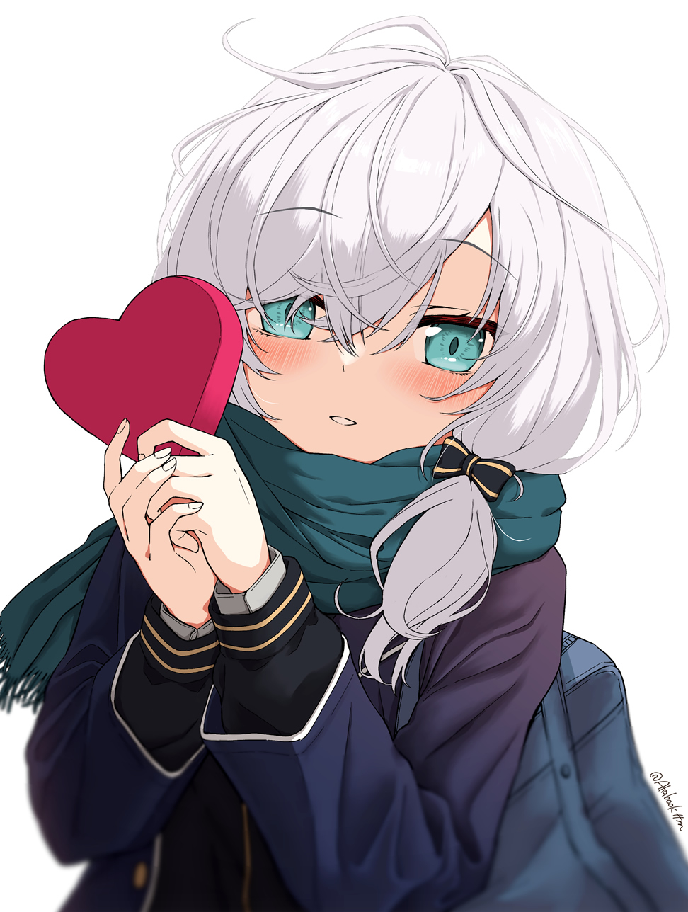 tatami kami, ars almal, ars almal (4th costume), nijisanji, highres, 1girl, bag, blazer, blue eyes, blue jacket, blush, bow, candy, chocolate, chocolate heart, food, green scarf, hair between eyes, hair bow, hair over one eye, heart, heart-shaped food, holding, holding chocolate, holding food, jacket, long hair, long sleeves, looking at viewer, low twintails, parted lips, ribbon, scarf, school bag, smile, solo, twintails, twitter username, upper body, valentine, virtual youtuber, white background, white hair, winter clothes