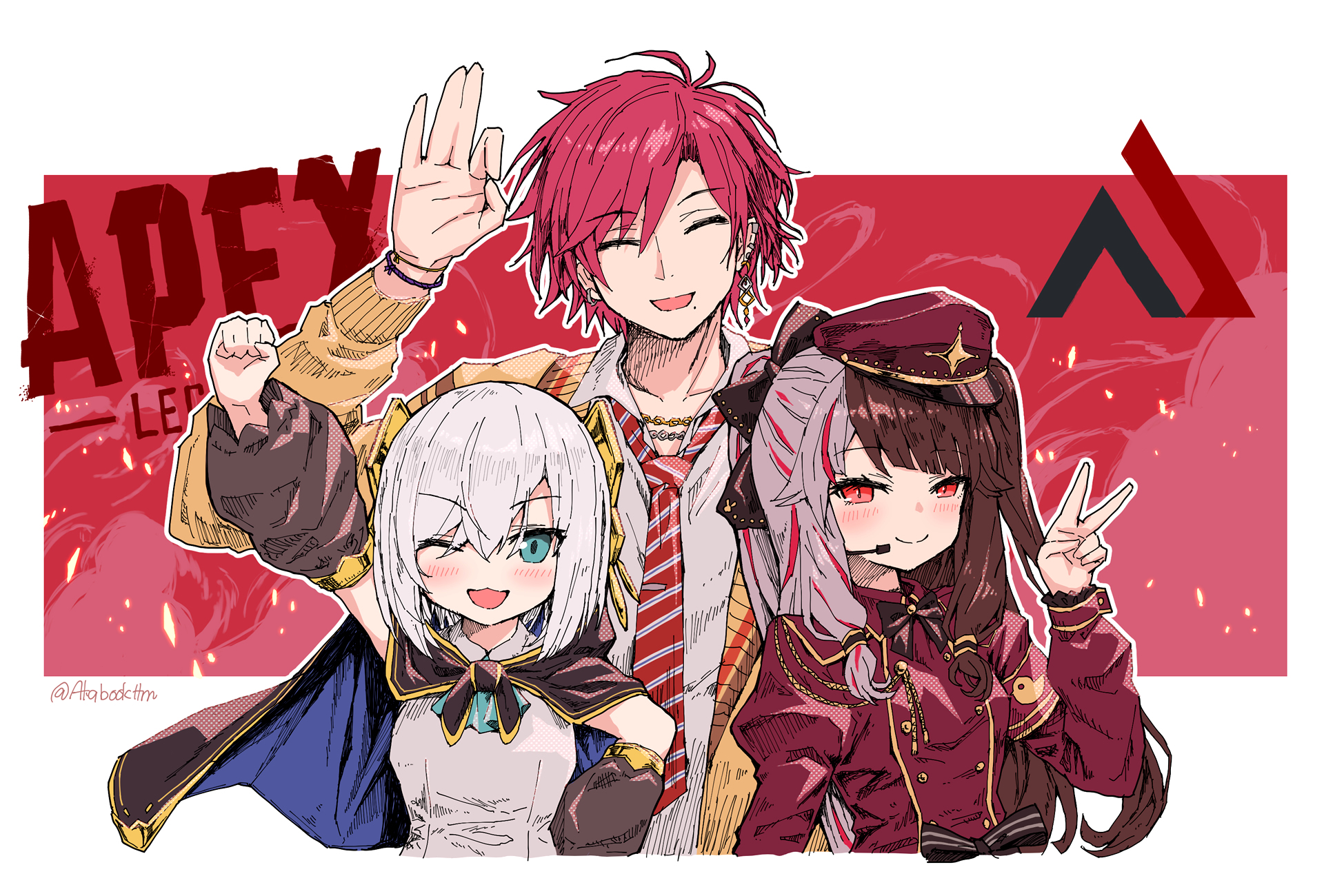 tatami kami, ars almal, ars almal (1st costume), ha yun, yorumi rena, yorumi rena (2nd costume), apex legends, nijisanji, nijisanji kr, highres, 1boy, 2girls, aqua ascot, arm up, ascot, black cape, black cloak, black hair, blue ascot, blue eyes, blush, bow, brown hat, cape, cloak, collared shirt, dress, earrings, everyone, gold trim, grey hair, hair between eyes, hair bow, hair ornament, hat, hood, hood down, hooded cape, hooded cloak, jacket, jewelry, long hair, long sleeves, looking at viewer, military uniform, mole, mole under mouth, multicolored hair, multiple girls, necktie, one eye closed, open mouth, peaked cap, red eyes, red hair, red necktie, school uniform, see-through clothes, see-through sleeves, shirt, short hair, sleeveless, smile, split-color hair, streaked hair, two-tone hair, v, virtual youtuber, white hair, white shirt