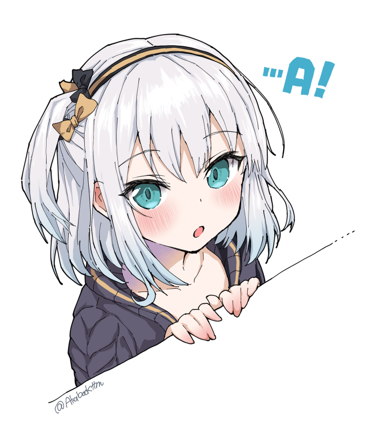 tatami kami, ars almal, ars almal (5th costume), nijisanji, 1girl, black jacket, blue eyes, blush, bow, collarbone, hairband, jacket, one side up, open clothes, open jacket, open mouth, short hair, solo, virtual youtuber, white background, white hair