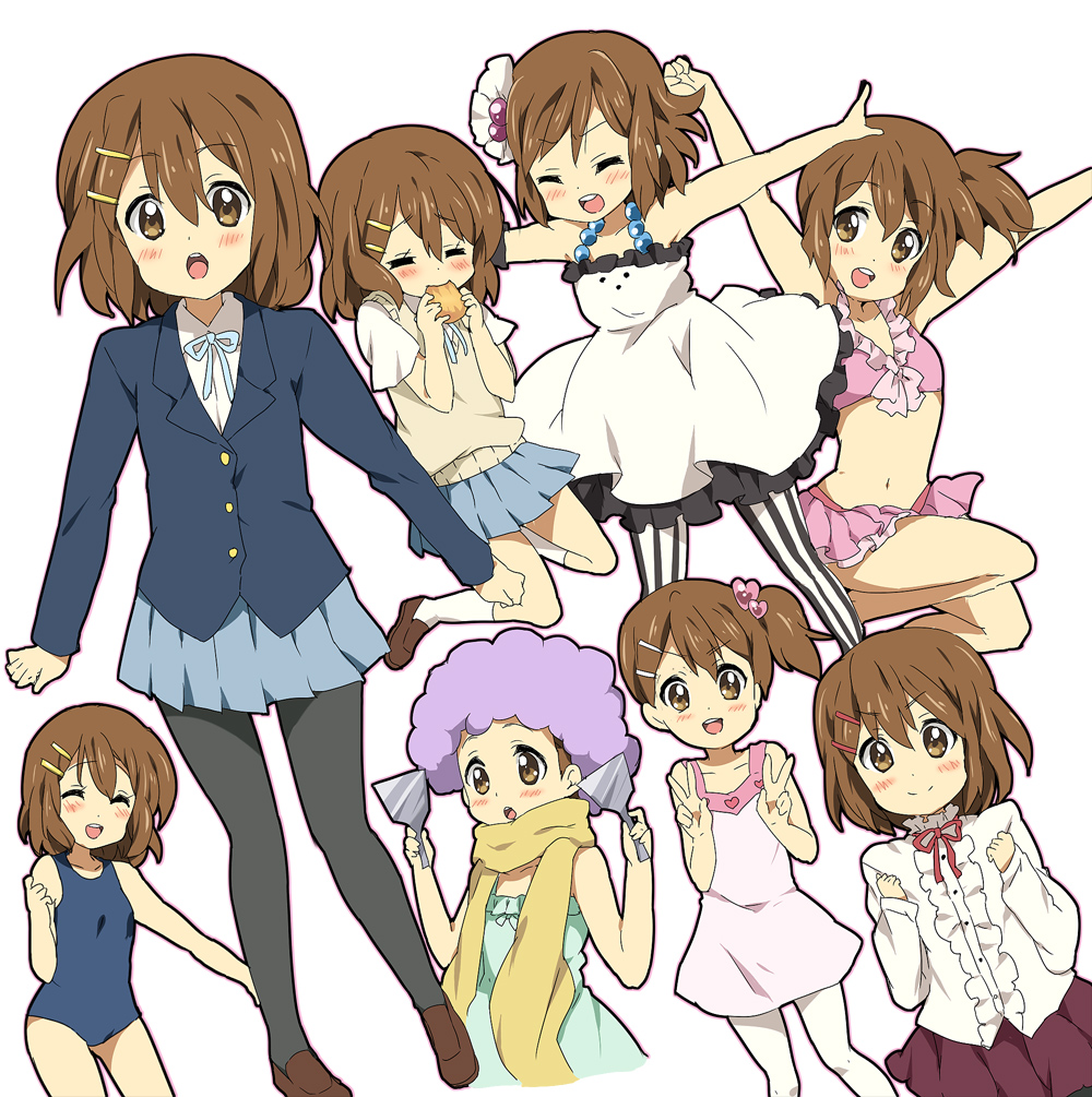 maruki (punchiki), hirasawa yui, don't say "lazy", fuwafuwa time, k-on!, striped legwear, bad id, bad pixiv id, md5 mismatch, 00s, 1girl, arms up, bikini, blazer, blush, bread, brown hair, dress, eating, food, frills, hair ornament, hairclip, jacket, multiple views, one-piece swimsuit, outstretched arms, pantyhose, scarf, school swimsuit, school uniform, short hair, side ponytail, smile, striped clothes, striped pantyhose, sweater vest, swimsuit, v, vertical-striped clothes, vertical-striped pantyhose