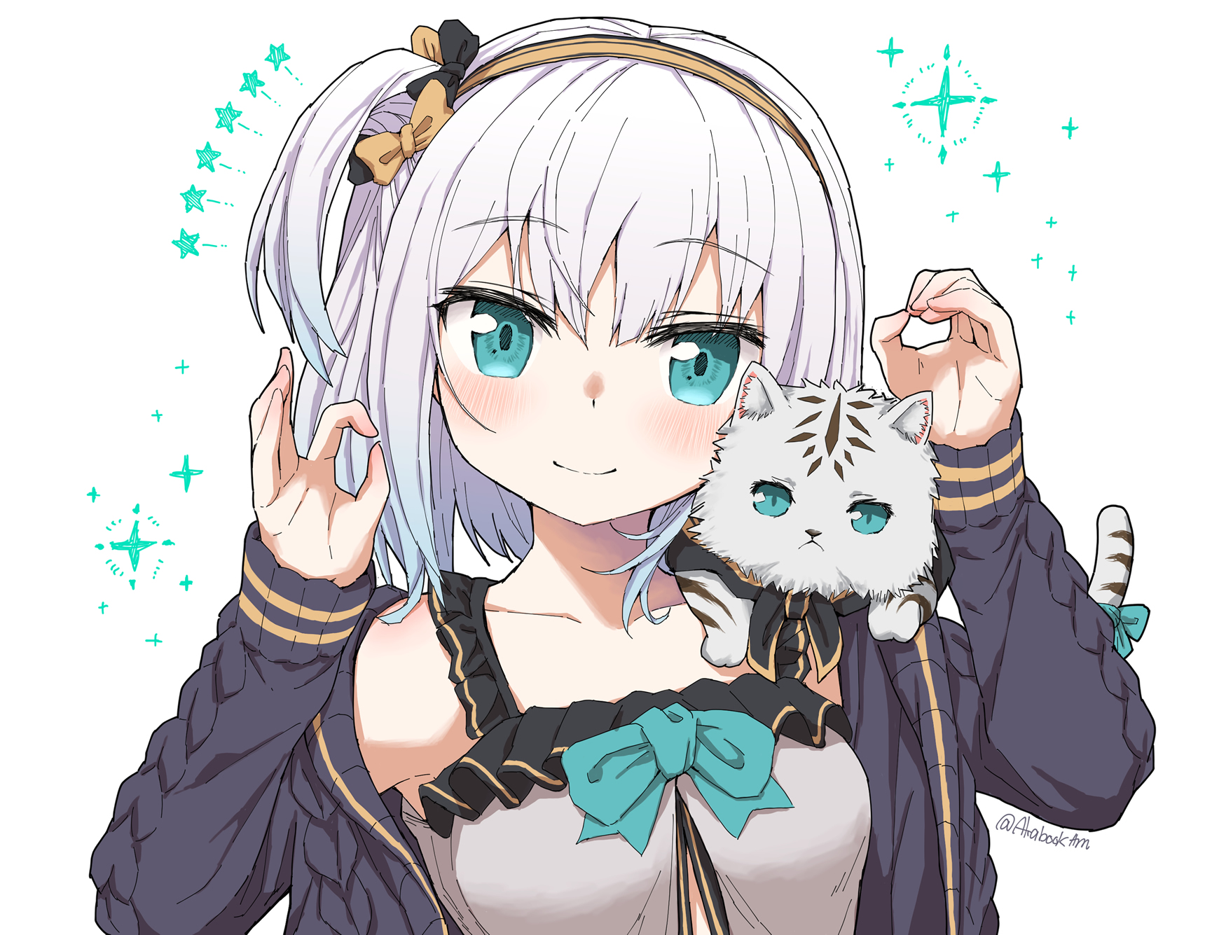 tatami kami, ars almal, ars almal (5th costume), nijisanji, highres, 1girl, animal, animal on shoulder, arm up, black jacket, blue eyes, blush, bow, bowtie, breasts, camisole, cat, cat on shoulder, cat tail, closed mouth, collarbone, hairband, jacket, long sleeves, medium breasts, one side up, open clothes, open jacket, open mouth, short hair, simple background, smile, solo, tail, upper body, virtual youtuber, white background, white camisole, white cat, white hair