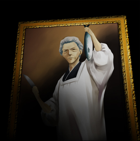 m-samuel, kumasawa chiyo, 07th expansion, no naku koro ni (series), umineko no naku koro ni, framed, bad id, bad pixiv id, 00s, 1girl, apron, female focus, fish, grey hair, kappougi, knife, old, old woman, painting (object), perspective, picture frame, portrait, portrait (object), solo