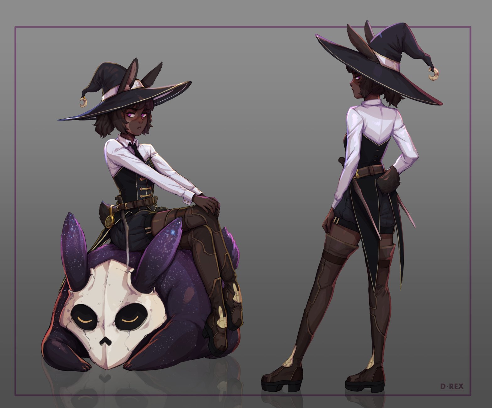 d-rex, original, highres, 1girl, animal, animal ears, artist name, belt, black hat, black necktie, black shorts, brown belt, brown hair, brown thighhighs, closed mouth, collared shirt, creature, dark-skinned female, dark skin, frown, gradient background, grey background, hat, long sleeves, multiple views, necktie, ponytail, rabbit ears, rabbit girl, rabbit tail, shirt, shorts, sitting, standing, tail, thighhighs, white shirt, witch hat