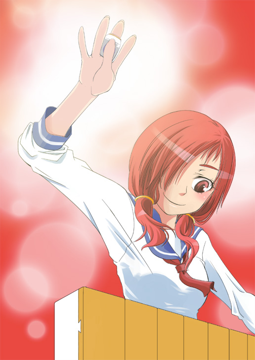keisei fuji, takei hisa, saki (manga), 00s, 1girl, blush, board game, female focus, hair over one eye, hand up, holding, holding mahjong tile, mahjong, mahjong tile, playing games, red eyes, red hair, school uniform, serafuku, smile, solo, twintails