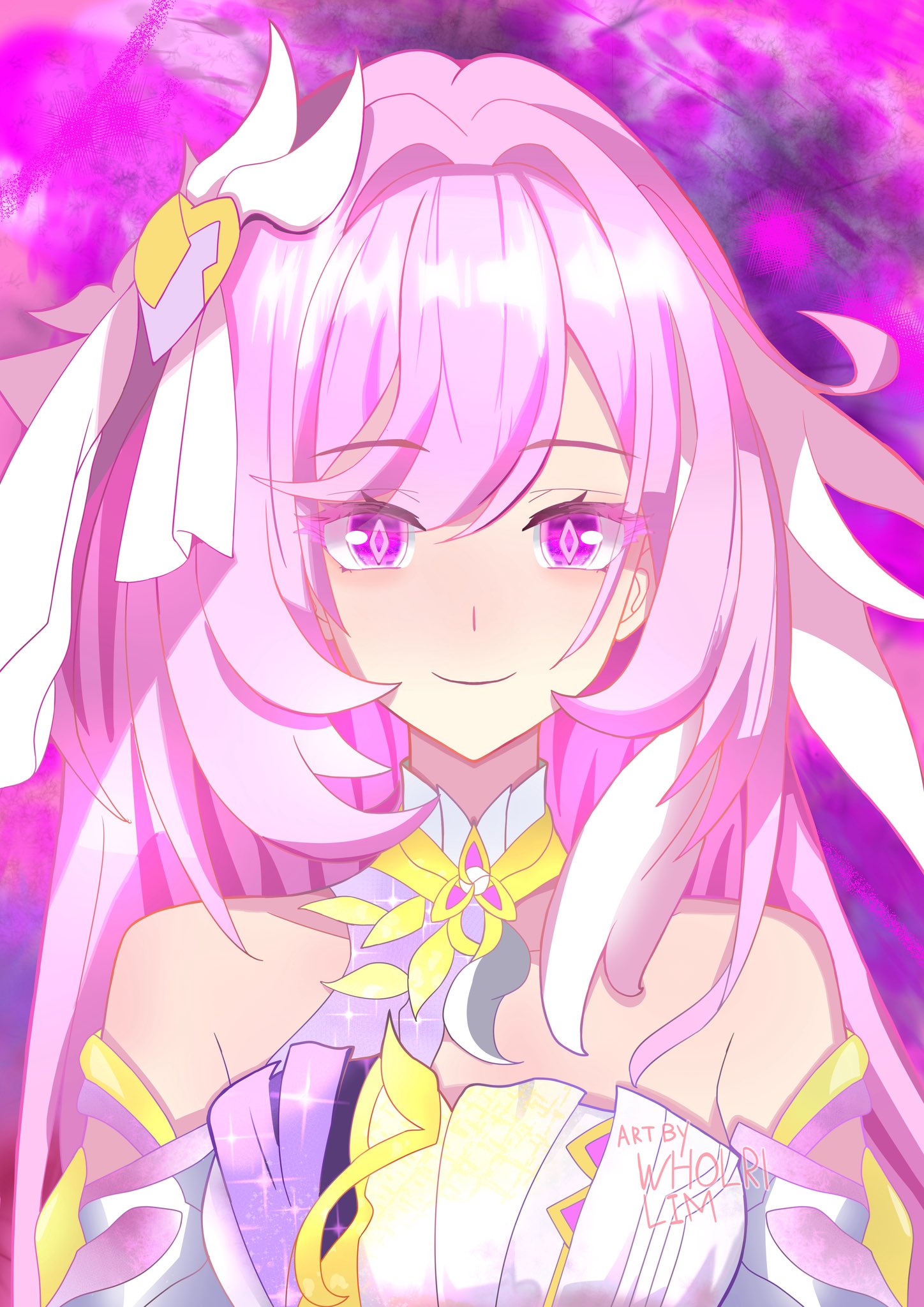elysia (herrscher of human: ego) (honkai impact), elysia (honkai impact), honkai (series), honkai impact 3rd, commentary, english commentary, highres, 1girl, artist name, bow, breasts, corset, diamond-shaped pupils, diamond (shape), hair bow, large breasts, long hair, looking at viewer, multicolored hair, pink hair, purple eyes, solo, symbol-shaped pupils, triquetra, two-tone hair, upper body, very long hair, white corset, white hair, wholri lim