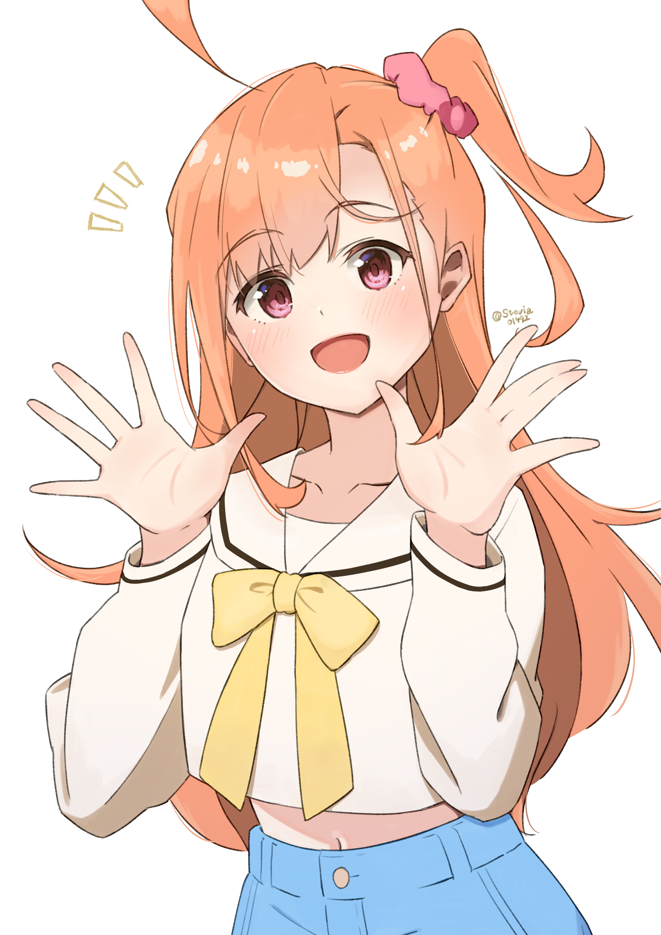 stevia 01492, takahashi polka, ikizulive! love live! bluebird, love live!, absurdres, commentary, highres, 1girl, ahoge, artist name, blue shorts, blush, hair ornament, hair scrunchie, hands up, long hair, long sleeves, looking at viewer, midriff, navel, neck ribbon, open mouth, orange hair, red eyes, red scrunchie, ribbon, sailor collar, scrunchie, shirt, shorts, side ponytail, smile, solo, white background, white sailor collar, white shirt, yellow ribbon