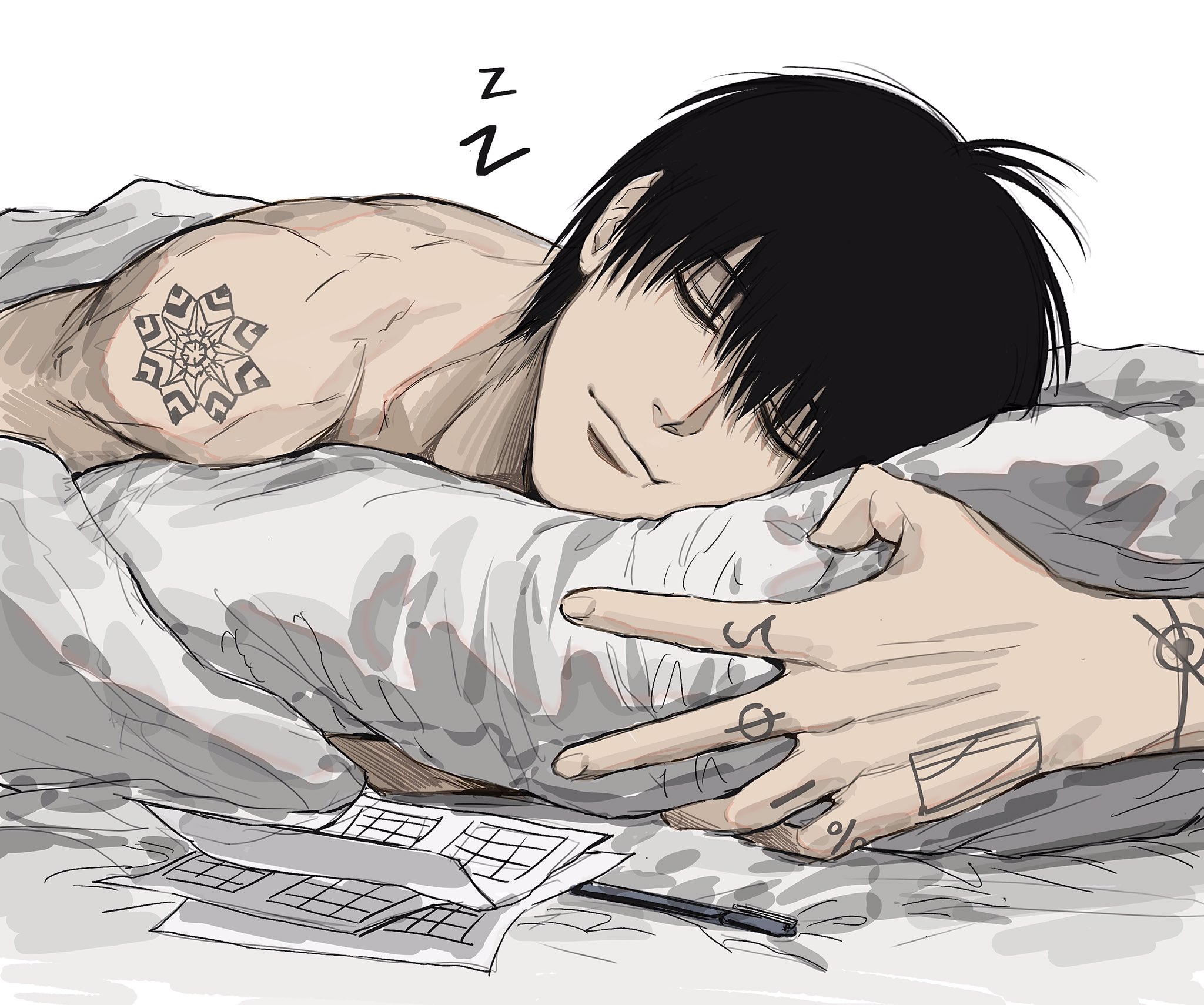sso s, nagumo (sakamoto days), sakamoto days, highres, 1boy, arm tattoo, bed sheet, black hair, closed eyes, closed mouth, finger tattoo, hand tattoo, male focus, multiple tattoos, paper, pen, pillow, short hair, simple background, solo, tattoo, white background, wrist tattoo, zzz