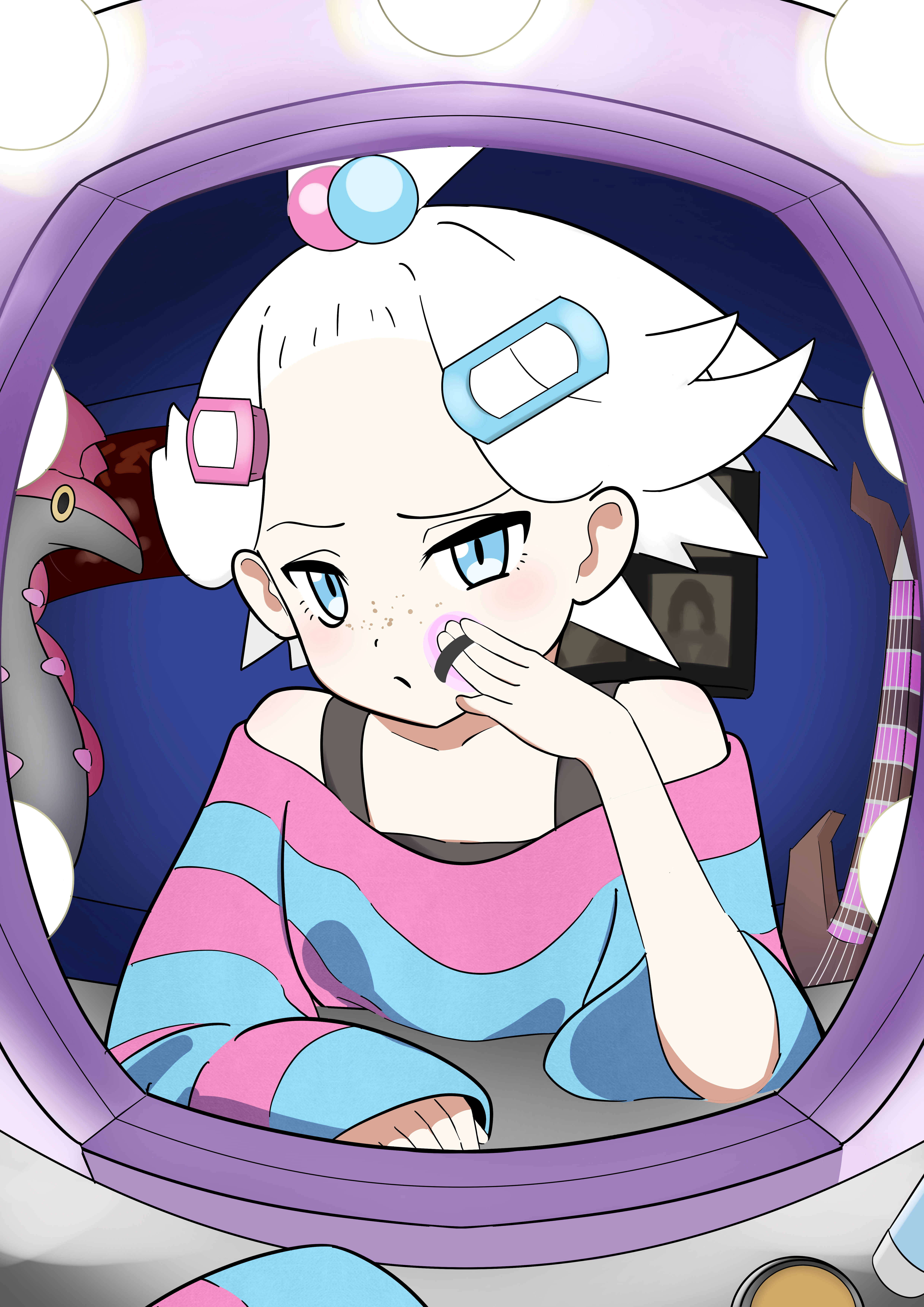 harubaru (yucm2375), roxie (pokemon), scolipede, nintendo, pokemon, pokemon bw2, absurdres, commentary request, highres, 1girl, applying makeup, bare shoulders, bass guitar, blue eyes, closed mouth, eyelashes, freckles, gen 5 pokemon, hair bobbles, hair ornament, hairclip, indoors, instrument, long sleeves, mirror, pokemon (creature), striped clothes, topknot, white hair