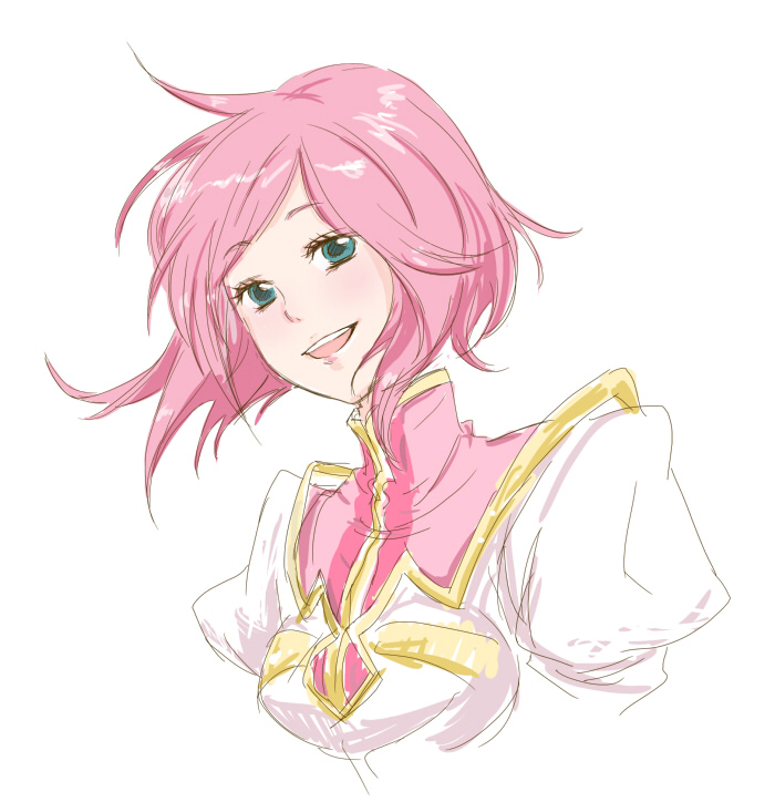 sanpochi, estellise sidos heurassein, tales of (series), tales of vesperia, bad id, bad pixiv id, 00s, 1girl, female focus, green eyes, pink hair, short hair, smile, solo