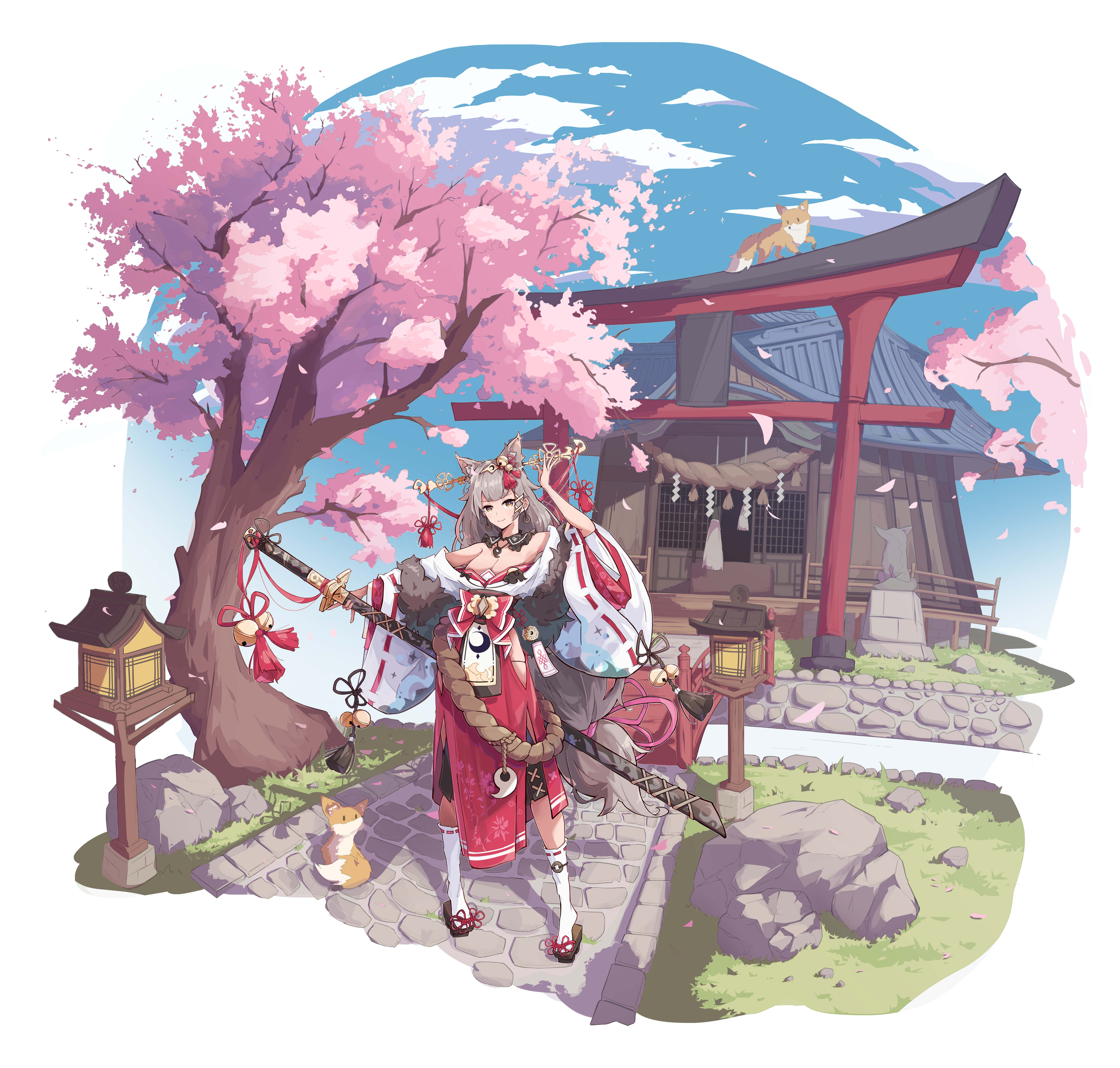 primsla, original, absurdres, commentary request, highres, 1girl, animal ear fluff, animal ears, architecture, bell, bell sleeves, black sash, blunt bangs, border, breasts, bridge, cherry blossoms, cleavage, clothing cutout, cloud, coin, coin earrings, contrapposto, day, detached collar, east asian architecture, extra ears, fading border, falling petals, floral print, floral print skirt, fox, geta, gold hairband, grey hair, hair bell, hair ornament, hairband, hairpin, hakama, hand up, hip vent, holding, holding behind back, holding sword, holding sword behind back, holding weapon, holding weapon behind back, holed coin, huge weapon, japanese clothes, jewelry, kimono, lantern, large breasts, light smile, long hair, long skirt, long sword, looking at viewer, low-tied long hair, magatama, magatama necklace, mini-hakkero, necklace, nontraditional miko, off shoulder, ofuda, outdoors, petals, pigeon-toed, pink petals, pink ribbon, print skirt, red hakama, red ribbon, ribbon, ribbon-trimmed sleeves, ribbon-trimmed socks, ribbon trim, rock, rope, sash, sheath, sheathed, shimenawa, shrine, side slit, skirt, sky, socks, solo, standing, statue, stone walkway, sword, sword on back, tabard, tabi, tassel, tassel hair ornament, tiptoes, torii, tree, very long hair, weapon, weapon on back, white kimono, white trim, wide shot, wide sleeves, wooden bridge, wooden lantern, yellow eyes