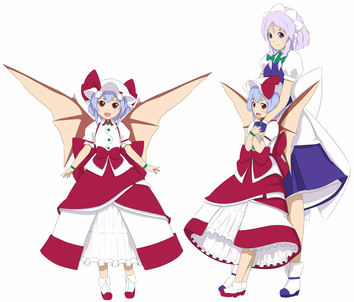 gustav (telomere na), izayoi sakuya, remilia scarlet, touhou, 2girls, alternate costume, female focus, full body, hairband, hat, hug, multiple girls, multiple views, reference sheet, ribbon, simple background, standing, white background, wings