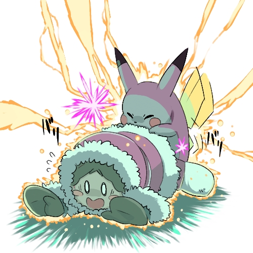 oyatsu (mk2), ice climbers, nana (ice climber), pikachu, ice climber, nintendo, pokemon, super smash bros., lowres, 1girl, blush, blush stickers, brown hair, closed eyes, electricity, electrocution, electrostimulation, from behind, gen 1 pokemon, gloves, hood, lightning, lying, o o, on stomach, pokemon (creature), pokephilia, sexually suggestive, tail