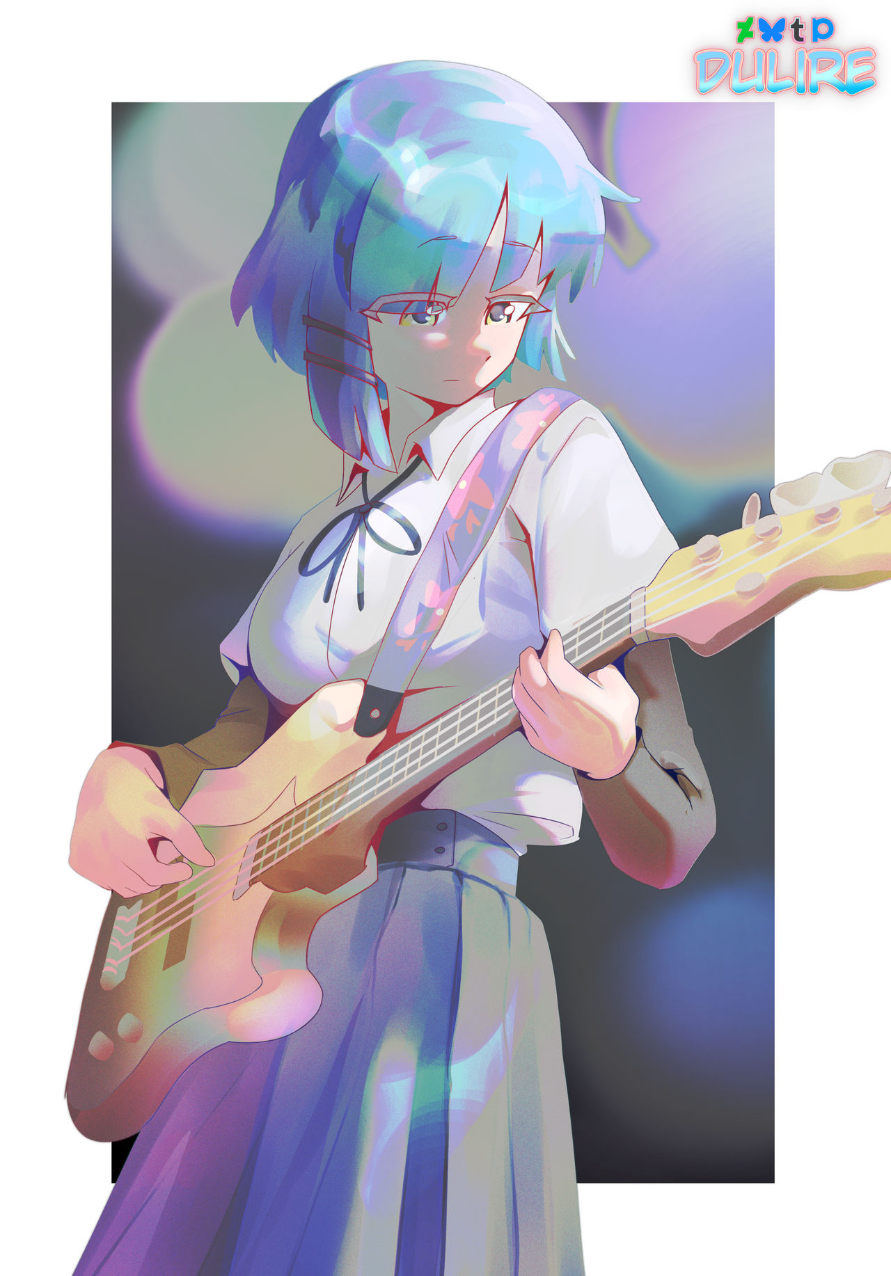 yamada ryo, bocchi the rock!, commentary, highres, 1girl, artist name, bass guitar, black ribbon, blue eyes, blue hair, blue skirt, bluesky logo, border, breasts, closed mouth, collared shirt, deviantart logo, dulire, eyelashes, fender precision bass, hair ornament, hairclip, holding, holding bass guitar, holding instrument, instrument, music, neck ribbon, pixiv logo, playing bass guitar, playing instrument, ribbon, shirt, short hair, skirt, solo, tumblr logo, white border, white shirt